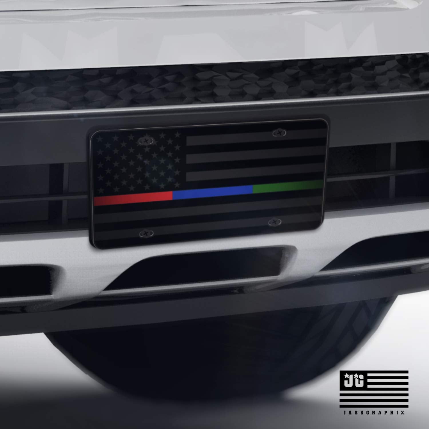 Jass Graphix Thin Blue Line Thin Red Line Thin Green Line Nearly Invisible American Flag License Plate Matte Black On 1/8'' Blac