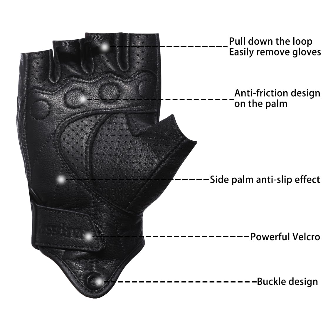 Harssidanzar Men's Motorcycle Gloves Leather Perforated Motorbike Riding Driving Gloves CM044US, Black, Size Medium