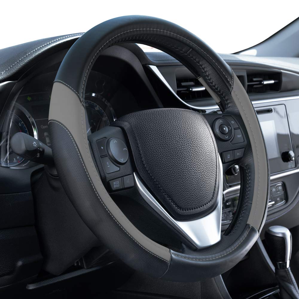 Motor Trend Sportdrive Faux Leather Steering Wheel Cover, Standard 15 Inch Size, Two-Tone Black & Light Gray, Car Steering Wheel