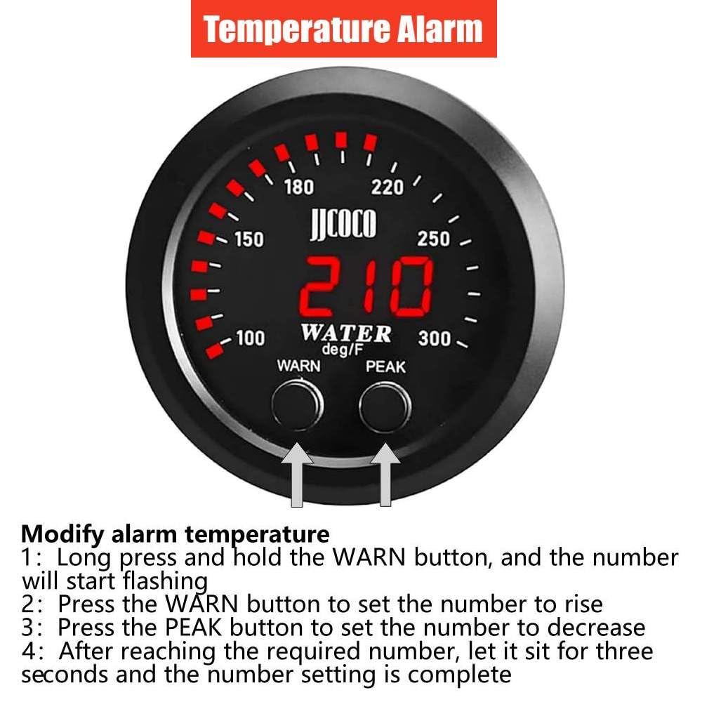 ZHSYMX Universal 52mm Water Temperature Gauge with Alarm and 1/8 NPT Sensor Car Digital Meter Red Display Temp 100-300F(38-150C)