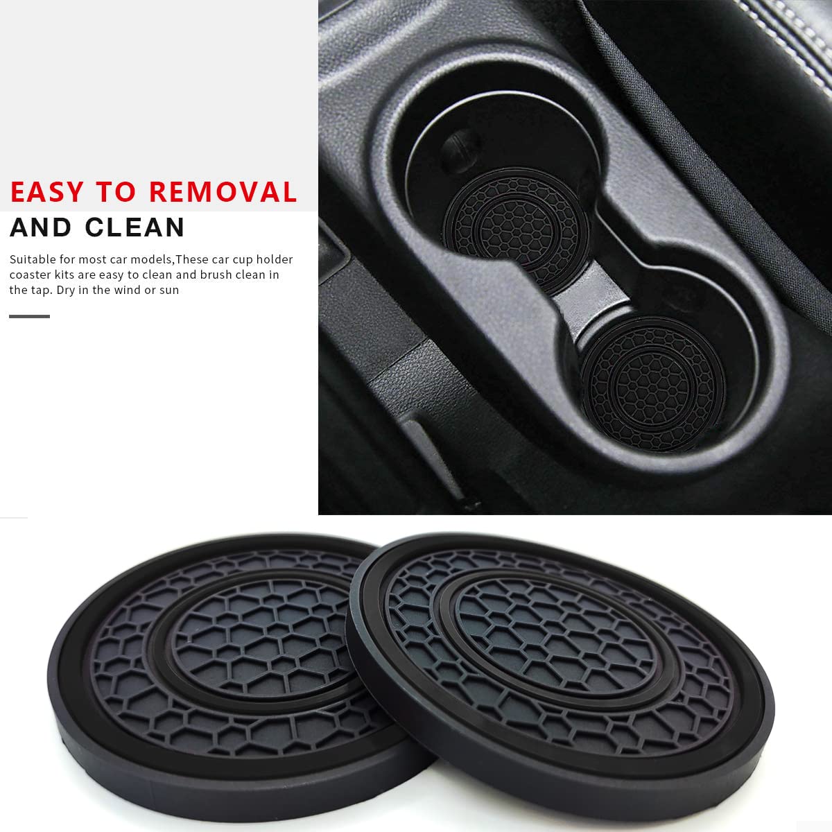 Auprite Car Cup Holder Coasters, 2 Pack Universal Auto Anti Slip Cup Holder Insert Coaster, Car Interior Accessories (Black)