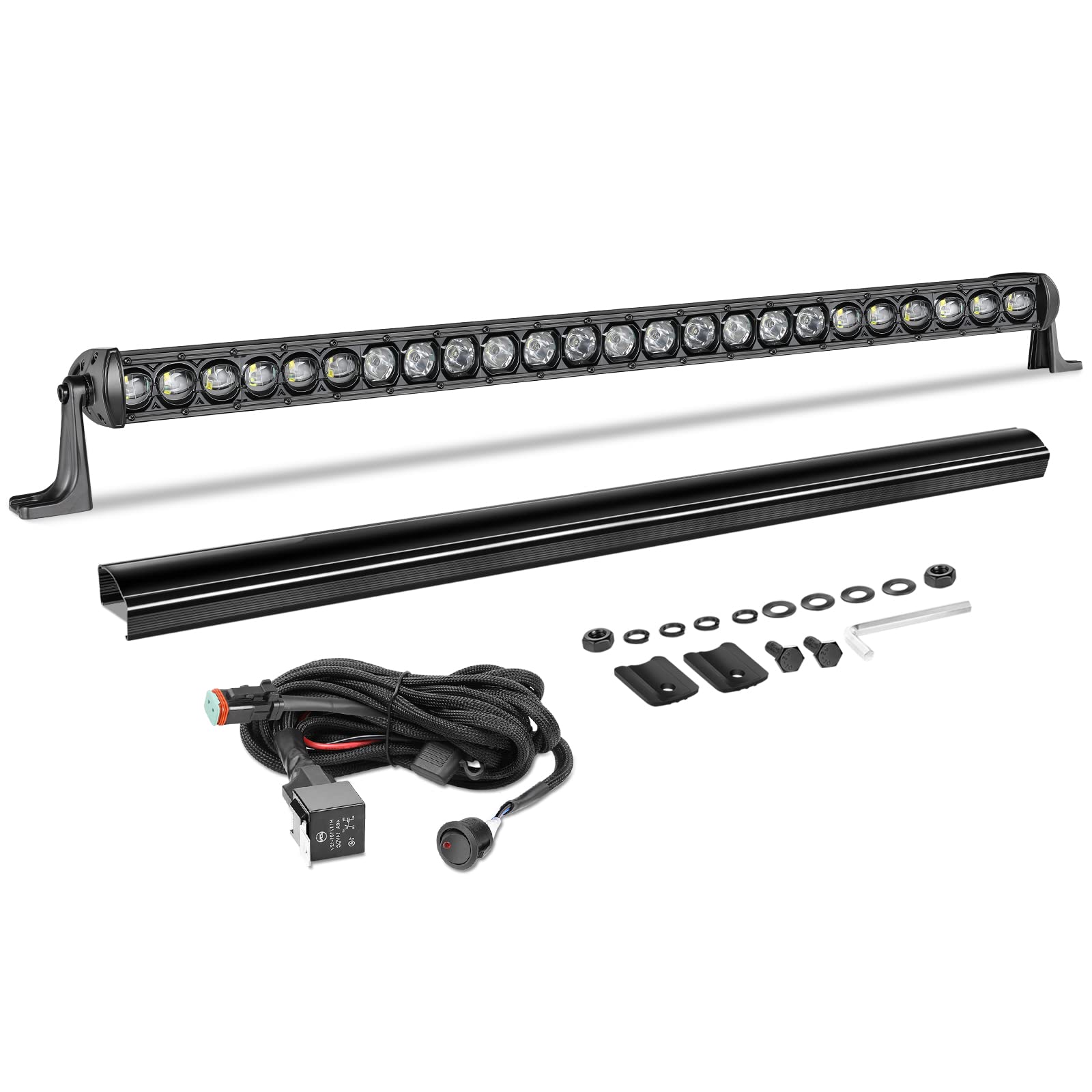 30 Inch Light Bar Kit, AKD Part 168W OSRAM LED Slim Single Row LED Light Bar w/Wiring Harness Black Cover Spot Flood Combo Offro