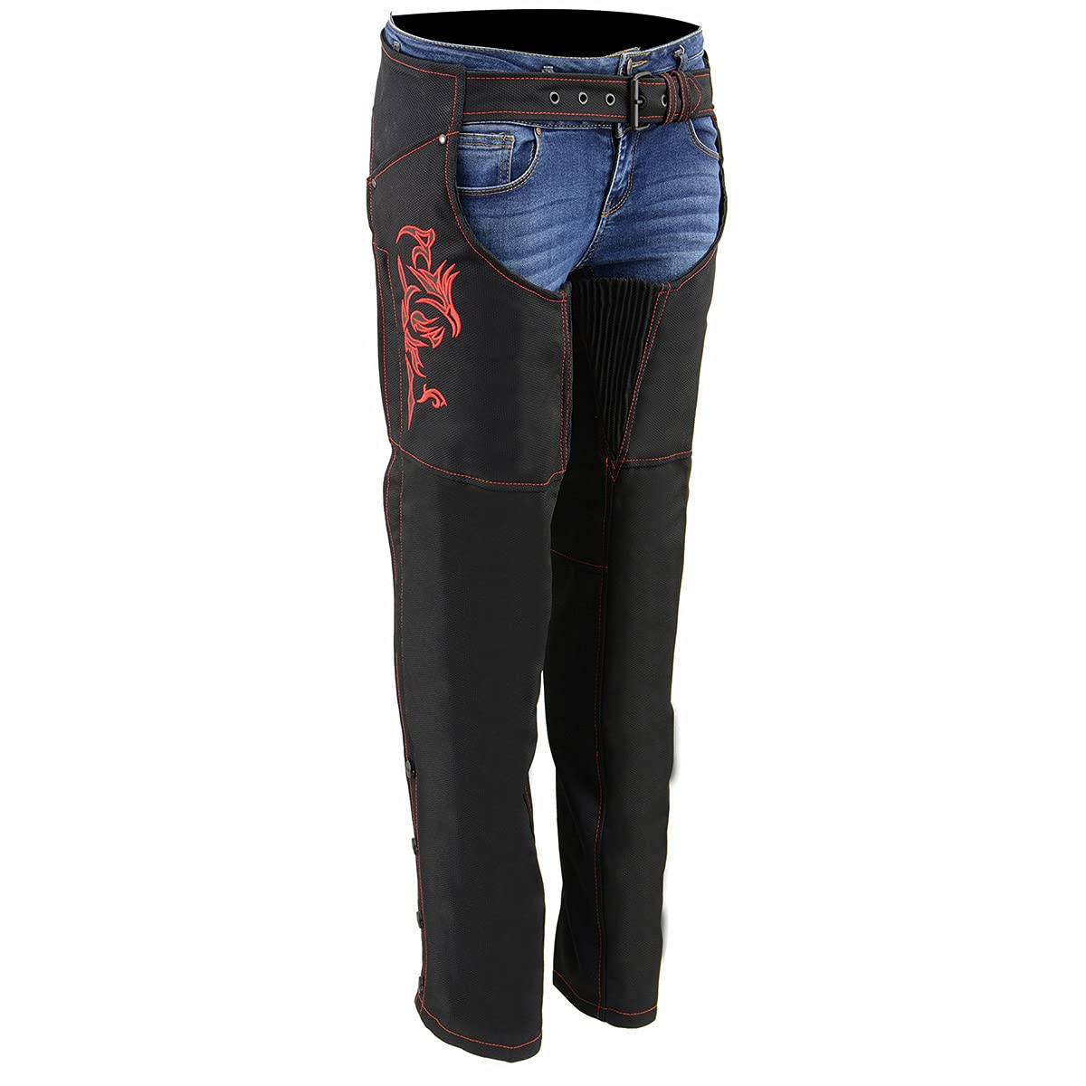 Milwaukee Leather SH1182 Womens Black with Red Textile Motorcycle Riding Chaps with Tribal Embroidery - Small