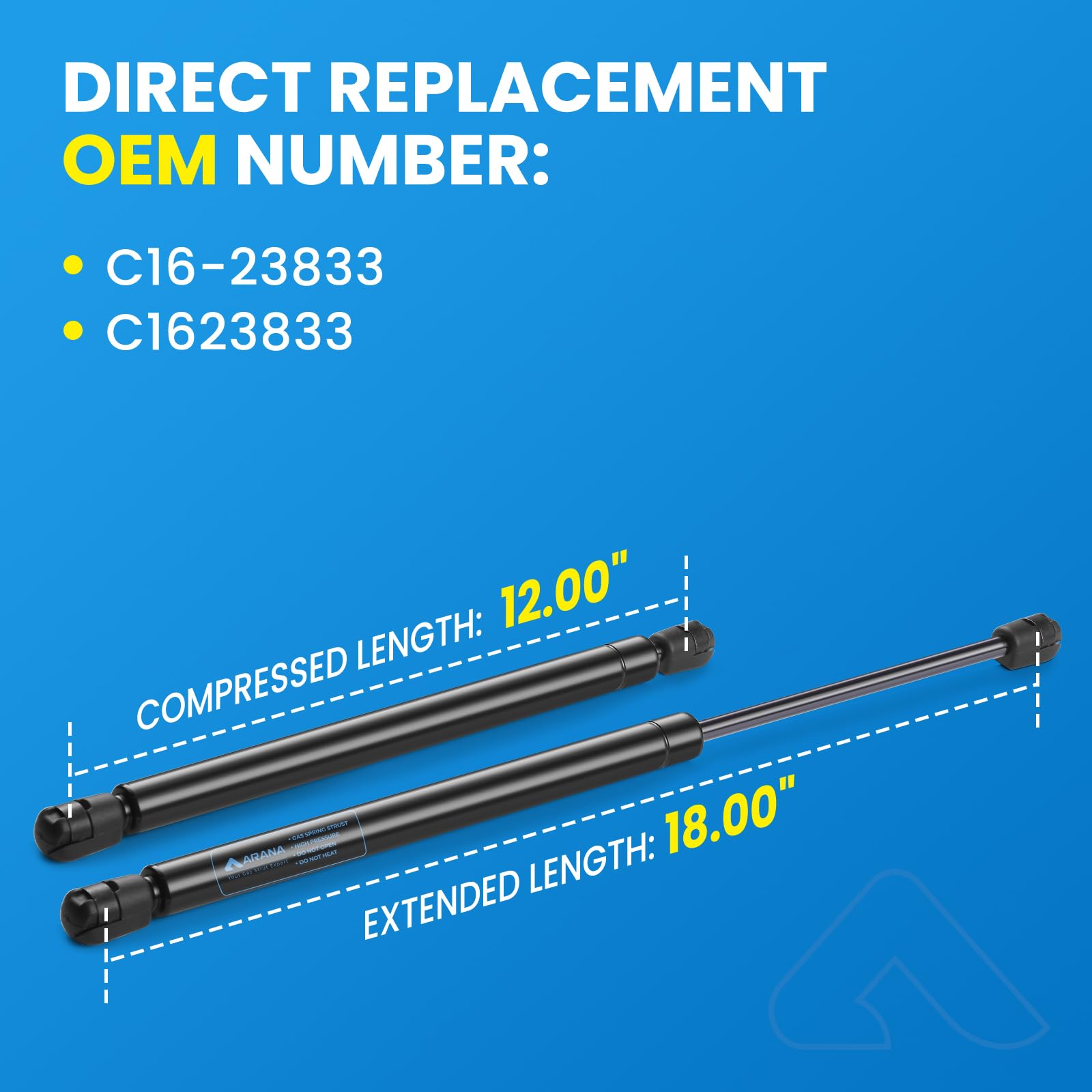 Arana C16-23833 18 Inch 100Lb/445N Gas Struts Spring Shocks Prop Lift Support For Leer Are Camper Shell Window Heavy Duty Lid Rv
