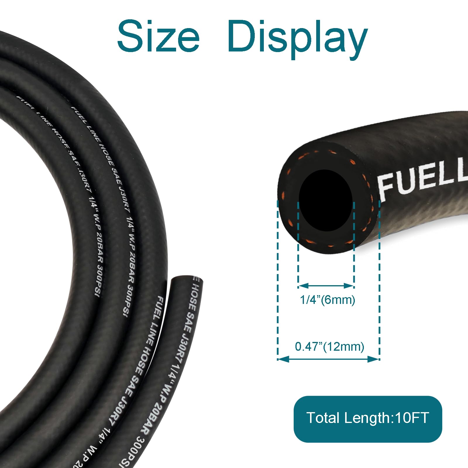 Housun Fuel Line 1/4 Inch Id, Fuel Hose 10Ft, J30R7 Fuel Line Hose Nbr With 10 Clamps.