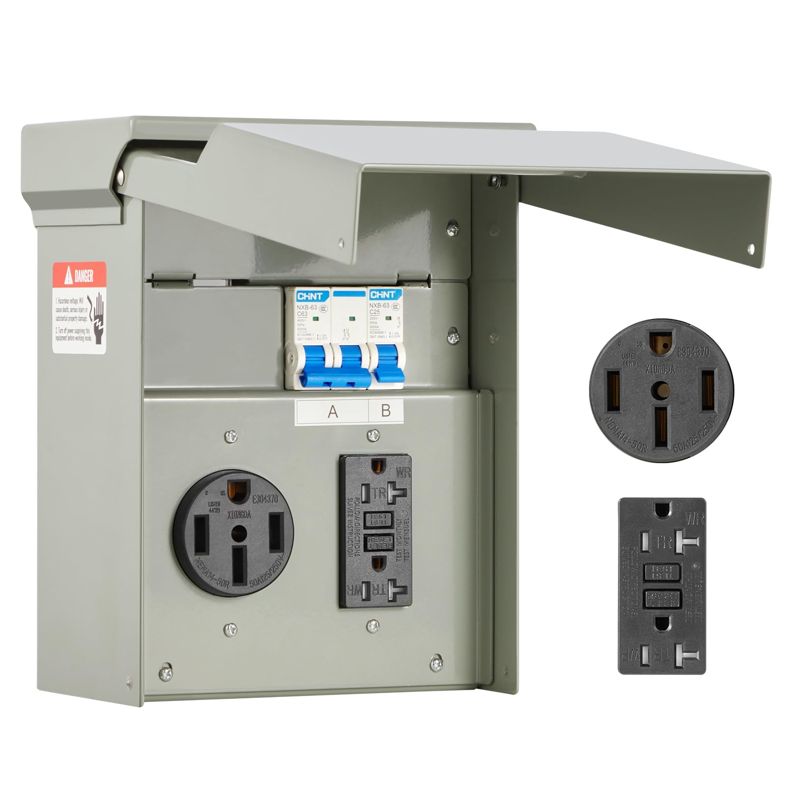 VEVOR Temporary Power Outlet Panel, RV Electrical Breaker Box with Prewired 50 Amp & 20 Amp GFCI Receptacle Circuit, Weatherproo