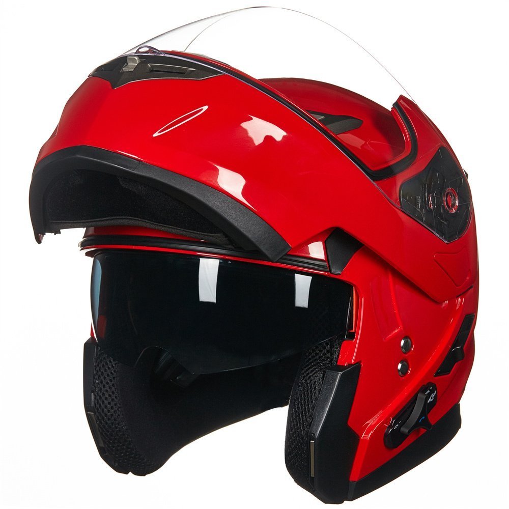 Ilm Bluetooth Integrated Modular Flip Up Full Face Motorcycle Helmet Sun Shield Mp3 Intercom Model 953 (L, Red)