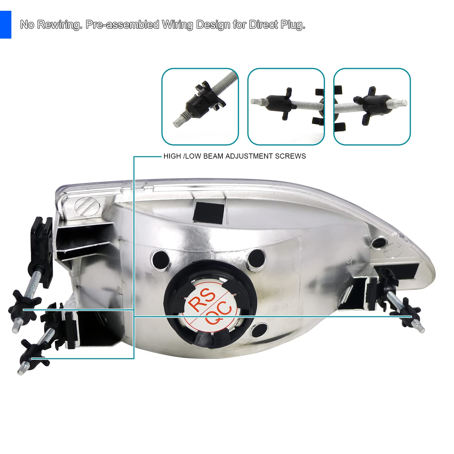 SPEC-D Tuning Headlights + Corner Lights for 1994-1998 Ford Mustang, Black Housing Clear Lens, Model 2LCLH-MST94JM-RS