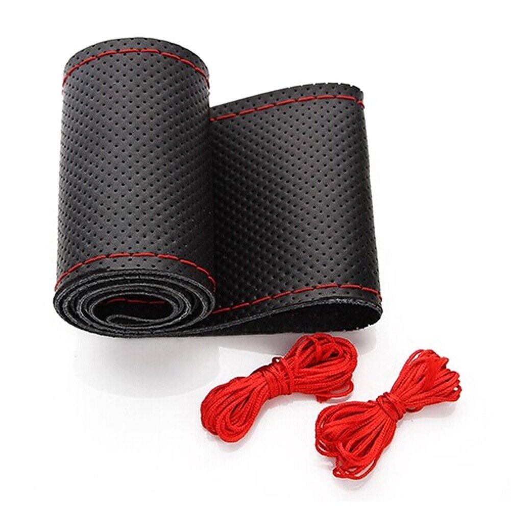 Belinous Universal Leather Car Steering Wheel Cover, Stitch On Wrap (Size M5, Black And Red)