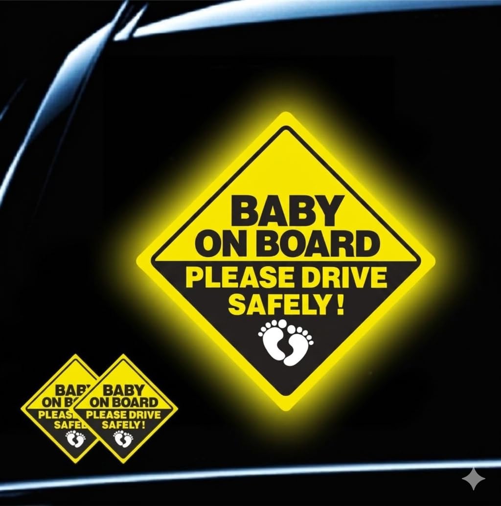 Reflective, Baby On Board Please Drive Safely Car Sticker, 15 Cms Big Flag, Yellow And Black, Diamond Shape, Pack Of 2, Diy, Wat