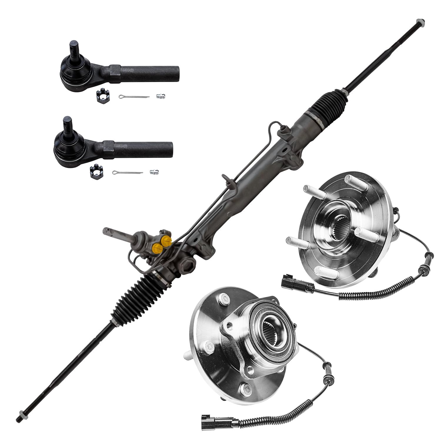 Detroit Axle - Complete Power Steering Rack and Pinion with (2) Front Wheel Hub & Bearing and (2) Outer Tie Rods Replacement for