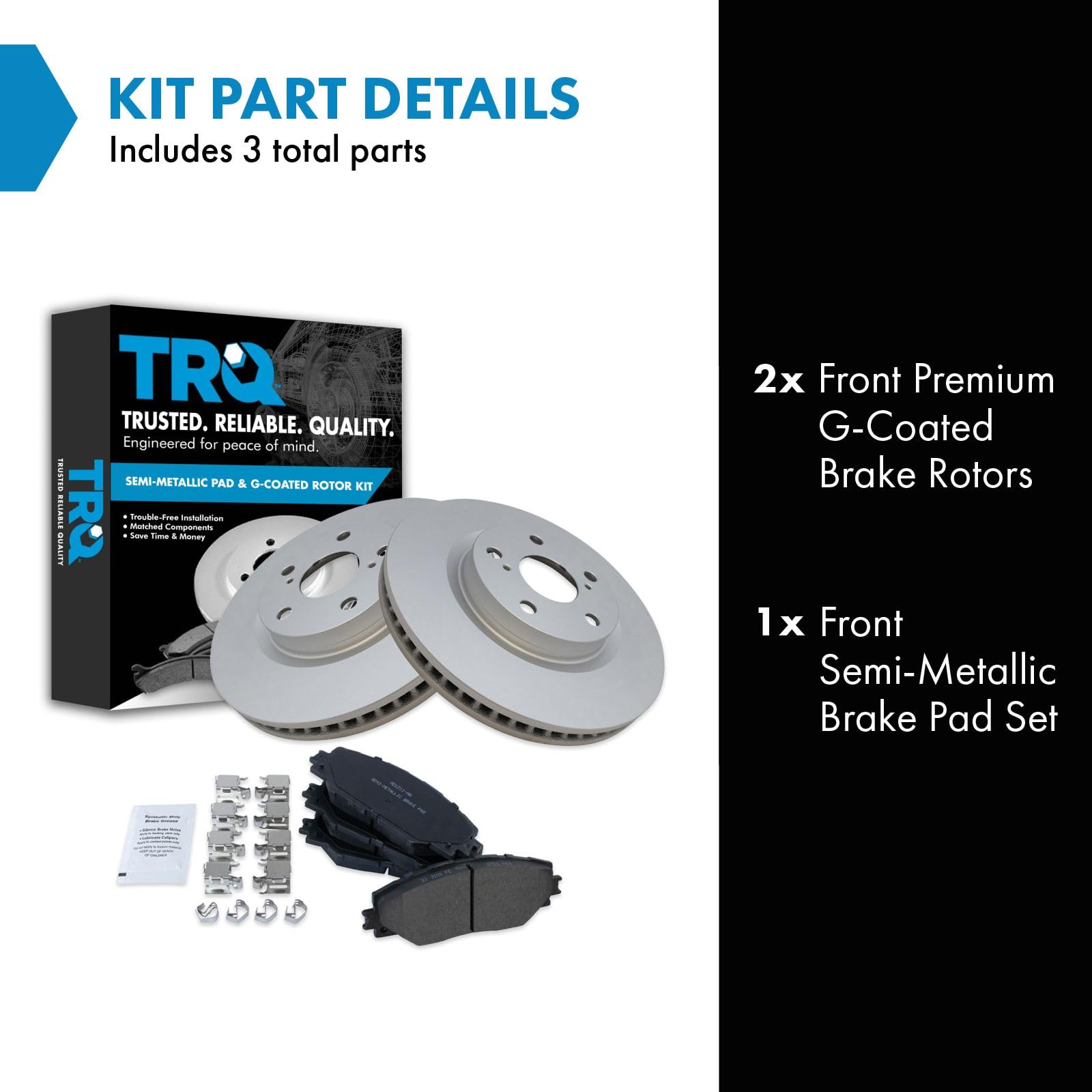 Trq Front Semi-Metallic Brake Pad Set & Coated Rotor Pair Set Compatible With Tc Matrix Rav4