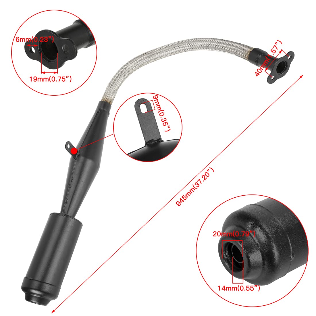 FVRITO Stainless Steel Exhaust Muffler Pipe Silencer Gasket for 2 Stroke 49cc-100cc Engine Gas Motorized Bicycle - Black, Model PQG022-TH