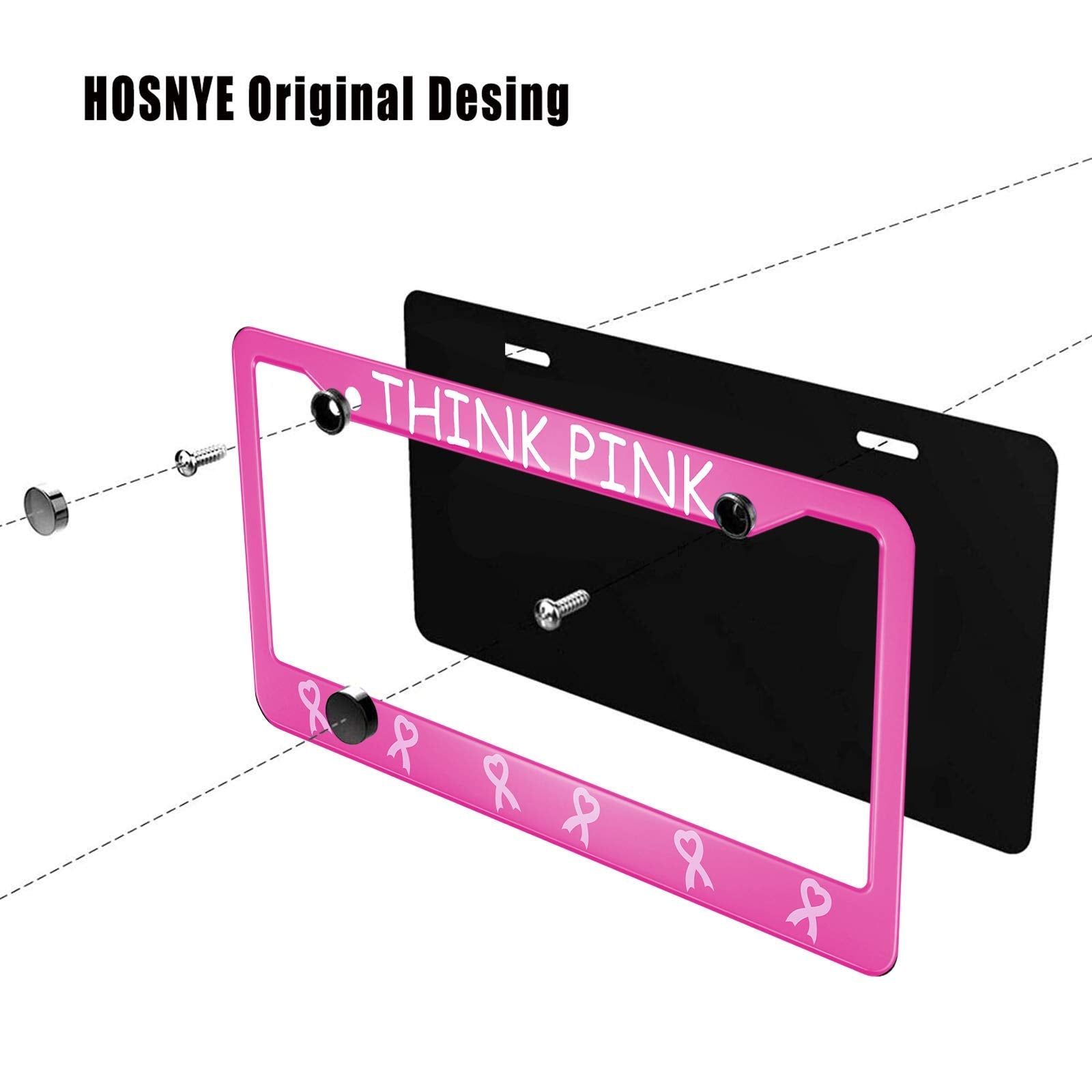 Hosnye Pink Ribbon License Plate Frame Caring For Women'S Health Metal License Plate Cover Front Plates Frames Car Tag Frame For
