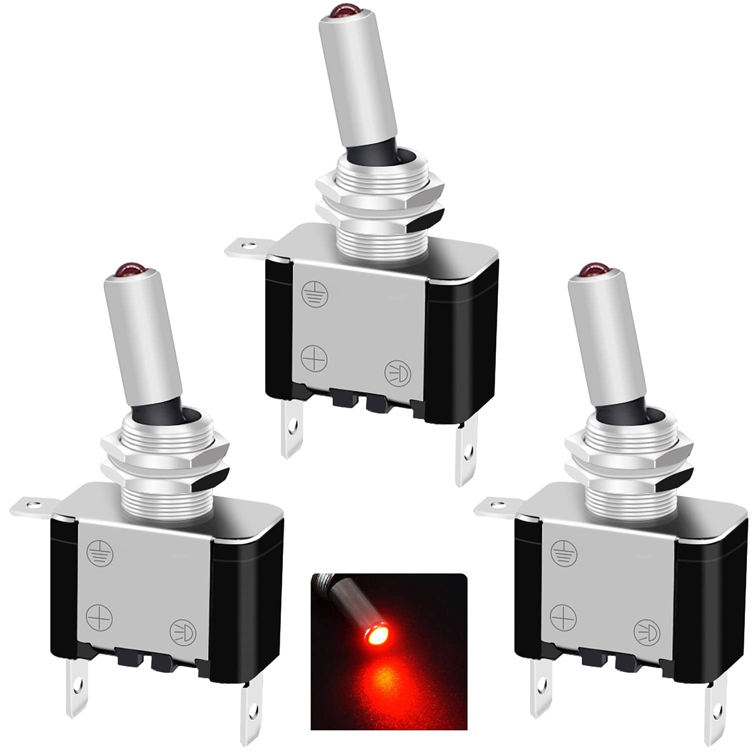 Twidec/3Pcs Rocker Lighted Toggle Switch 12V 20A Heavy Duty Racing Car Automotive Auto Spst On/Off Toggle Switch Red Led Illuminated 3Pin Asw-07Dr