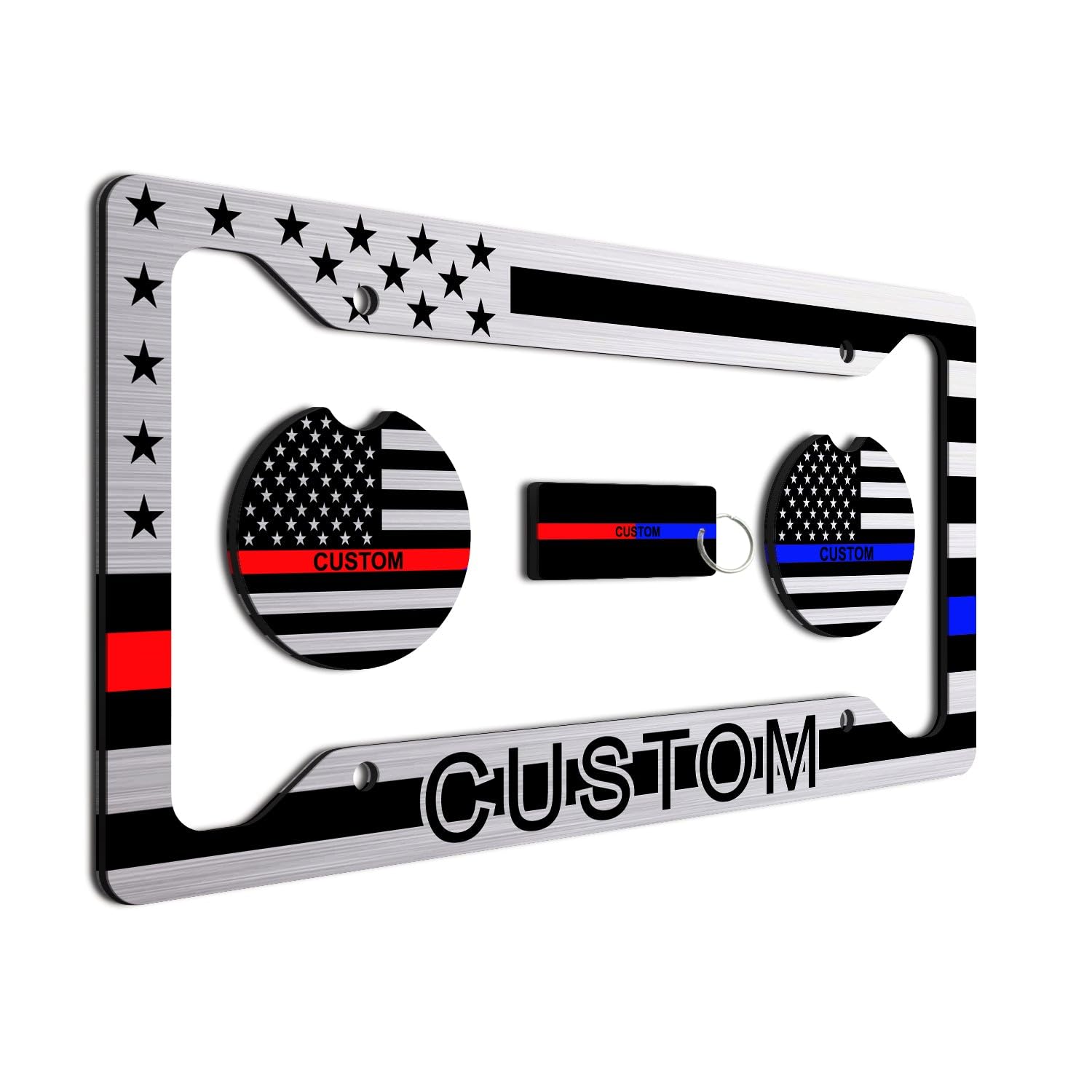 Thin Red Line And Thin Blue Line - Personalized American Flag License Plate Frame + 2 Coasters And A Keychain