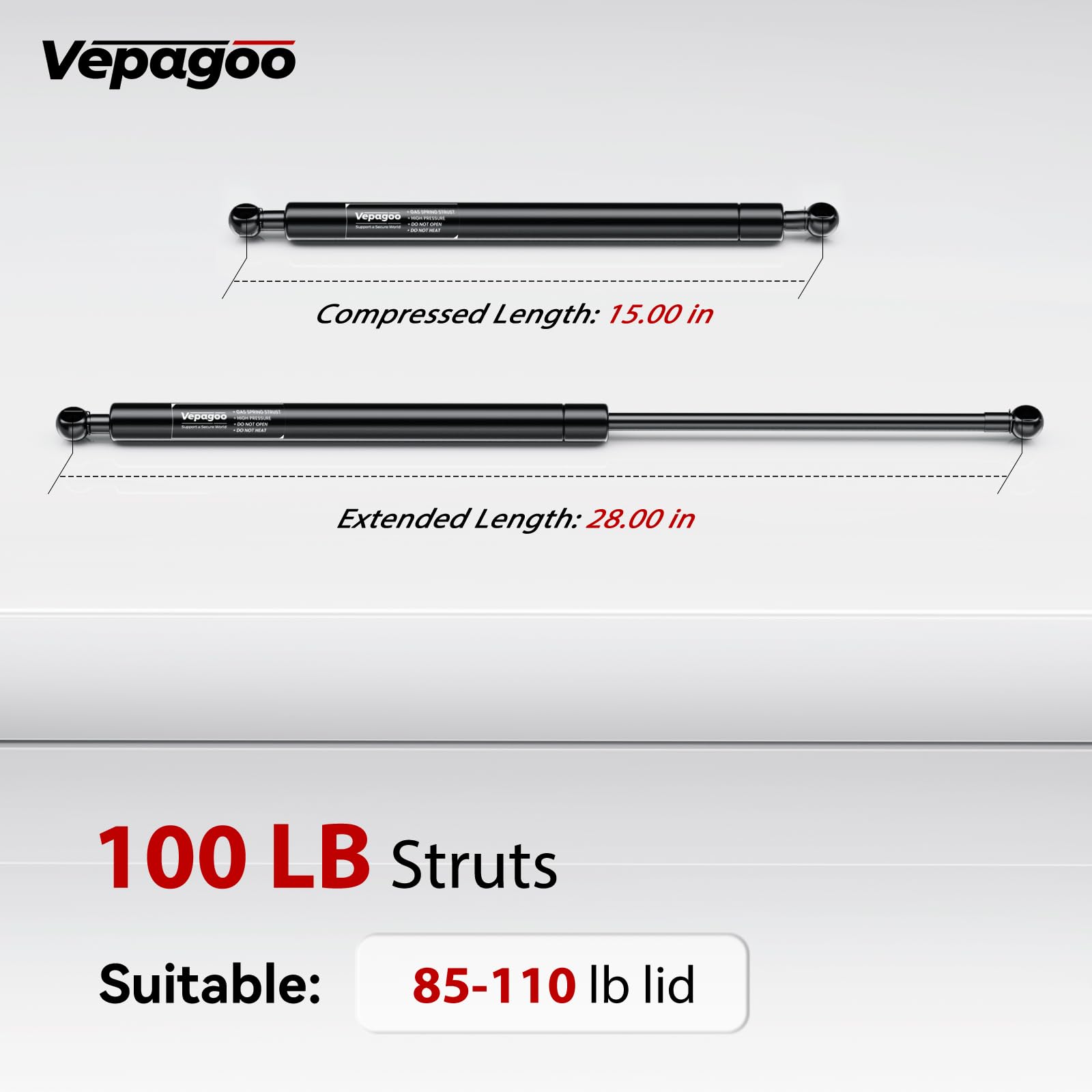 Vepagoo Heavy Duty 28in Gas Shock Strut Spring for Truck Bed Tonneau Cover, Set of 2, 100Lb/445N Lift Support