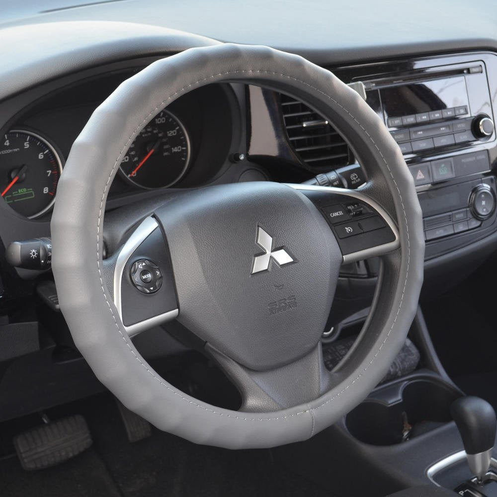 Bdk Gray Leather Car Steering Wheel Cover Large Size 15.5 To 16 Inch, Easy Installation