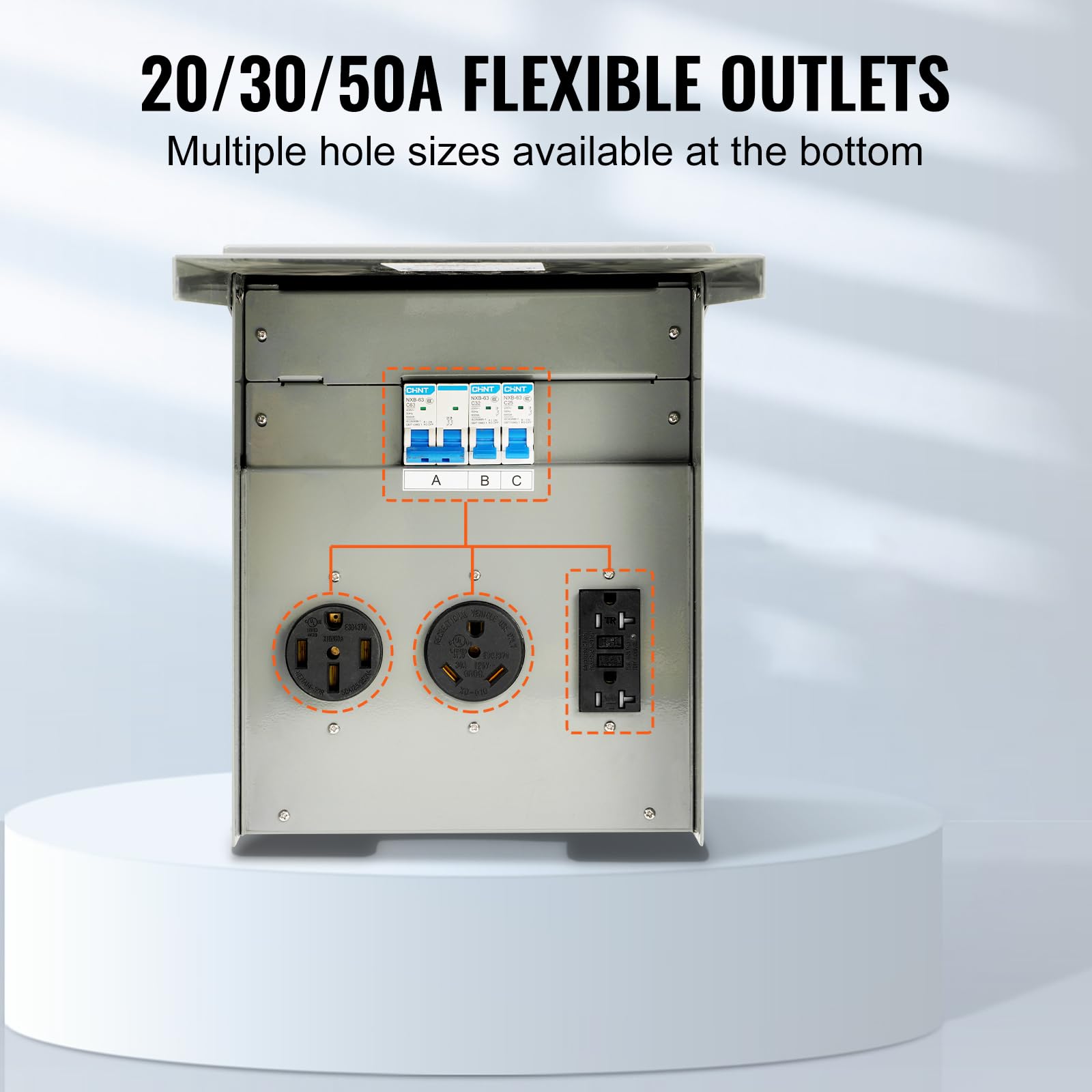 Vevor Temporary Power Outlet Panel, Weatherproof Rv Electrical Breaker Box With A 20/30/50 Amp Receptacle Installed, Prewired Circuit Nema 14-50R/Nema Tt-30R / 20A Gfci For Rv Camper Trailer Motorhome