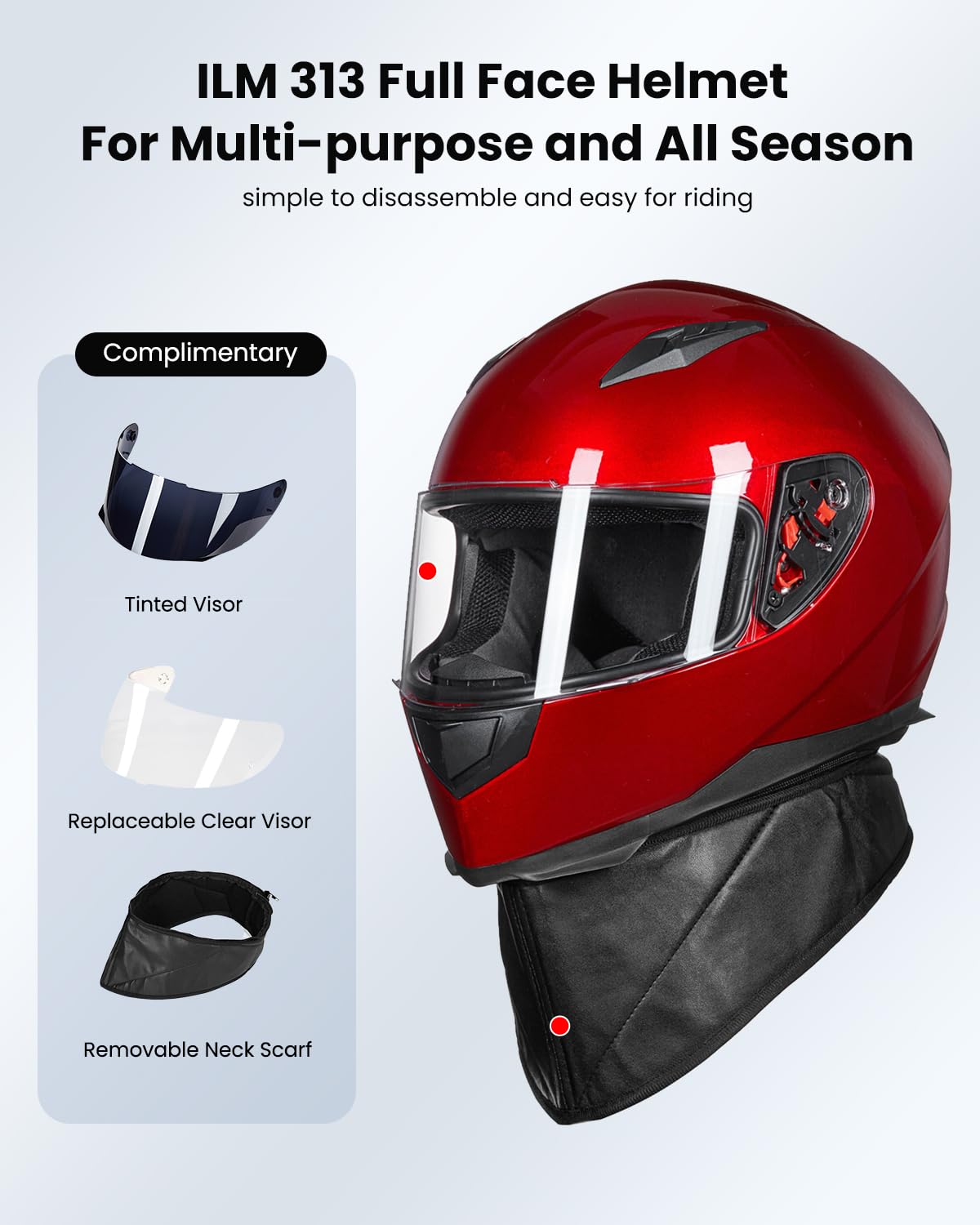 ILM Full Face Motorcycle Street Bike Helmet with Removable Winter Neck Scarf + 2 Visors DOT Model-JK313 (M, Bright Red)