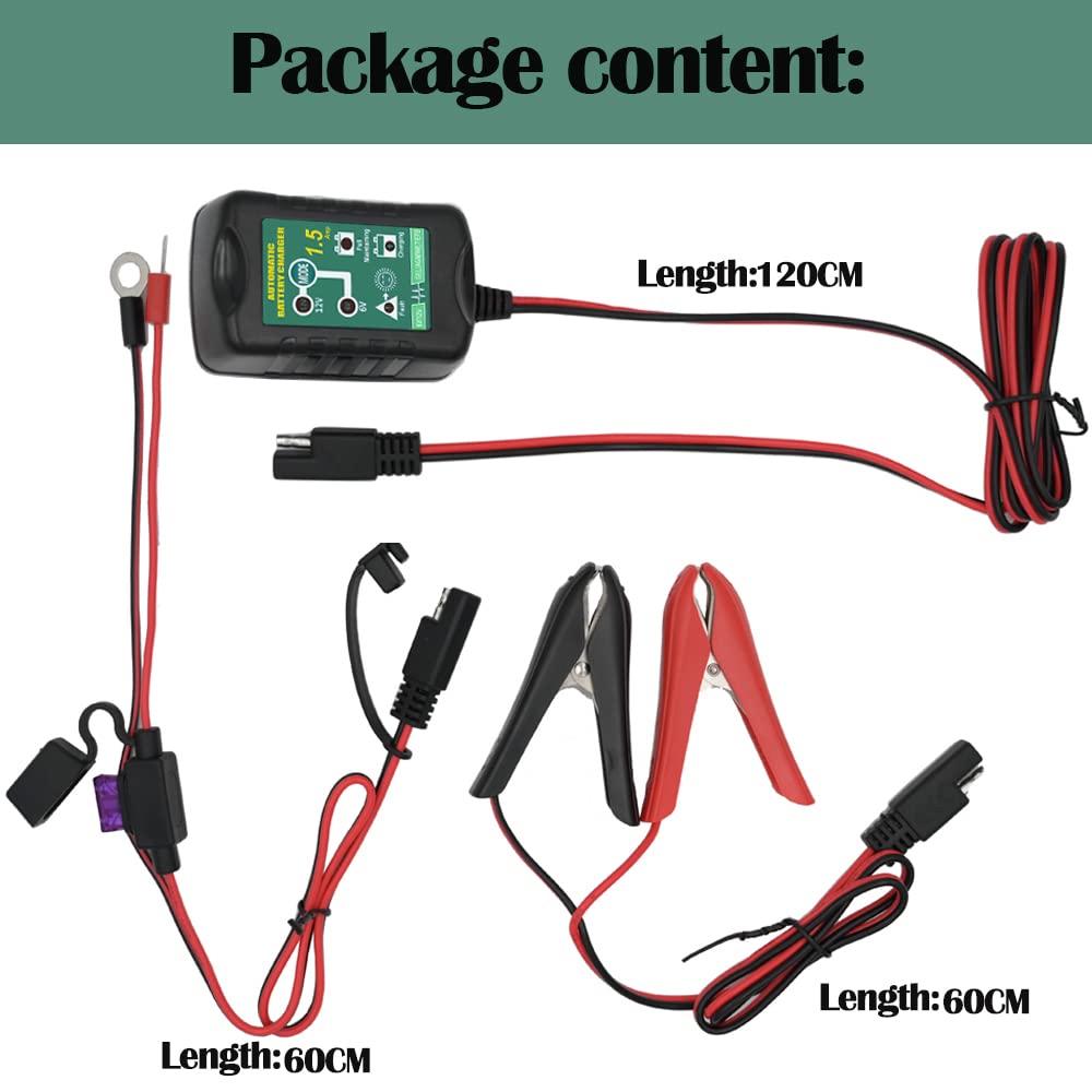 Unocho 6V 12V 1.5A Smart Battery Charger - Automatic Trickle & Float Charger for Car, Motorcycle, Lawn Mower, Boat, Snowmobile