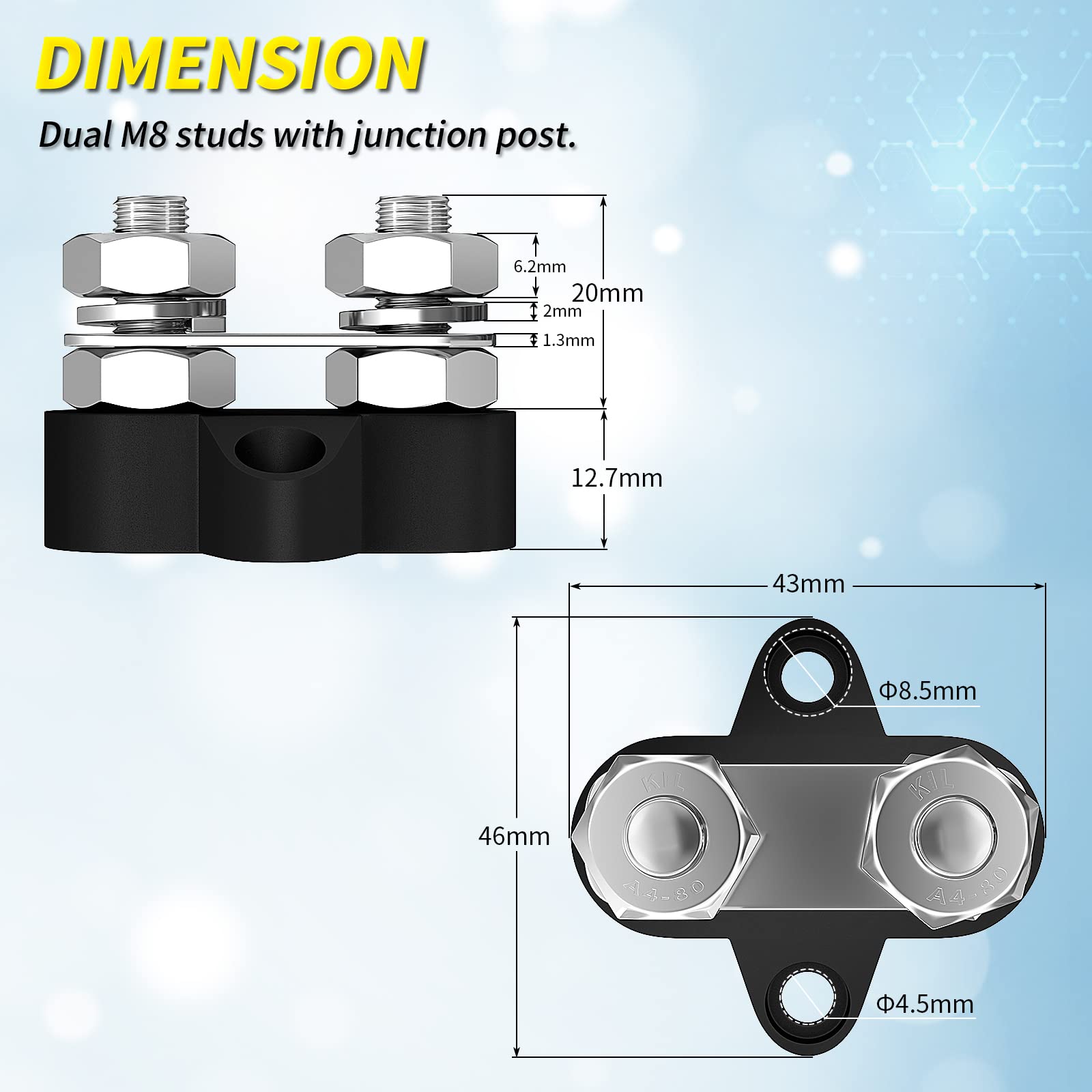 Joinfworld 5/16" Bus Bar 12V 200A Battery Wire Power Distribution Terminal Block M8 Dual Studs Junction Block Post Positive&Negative Busbar For Auto Car Marine Boat