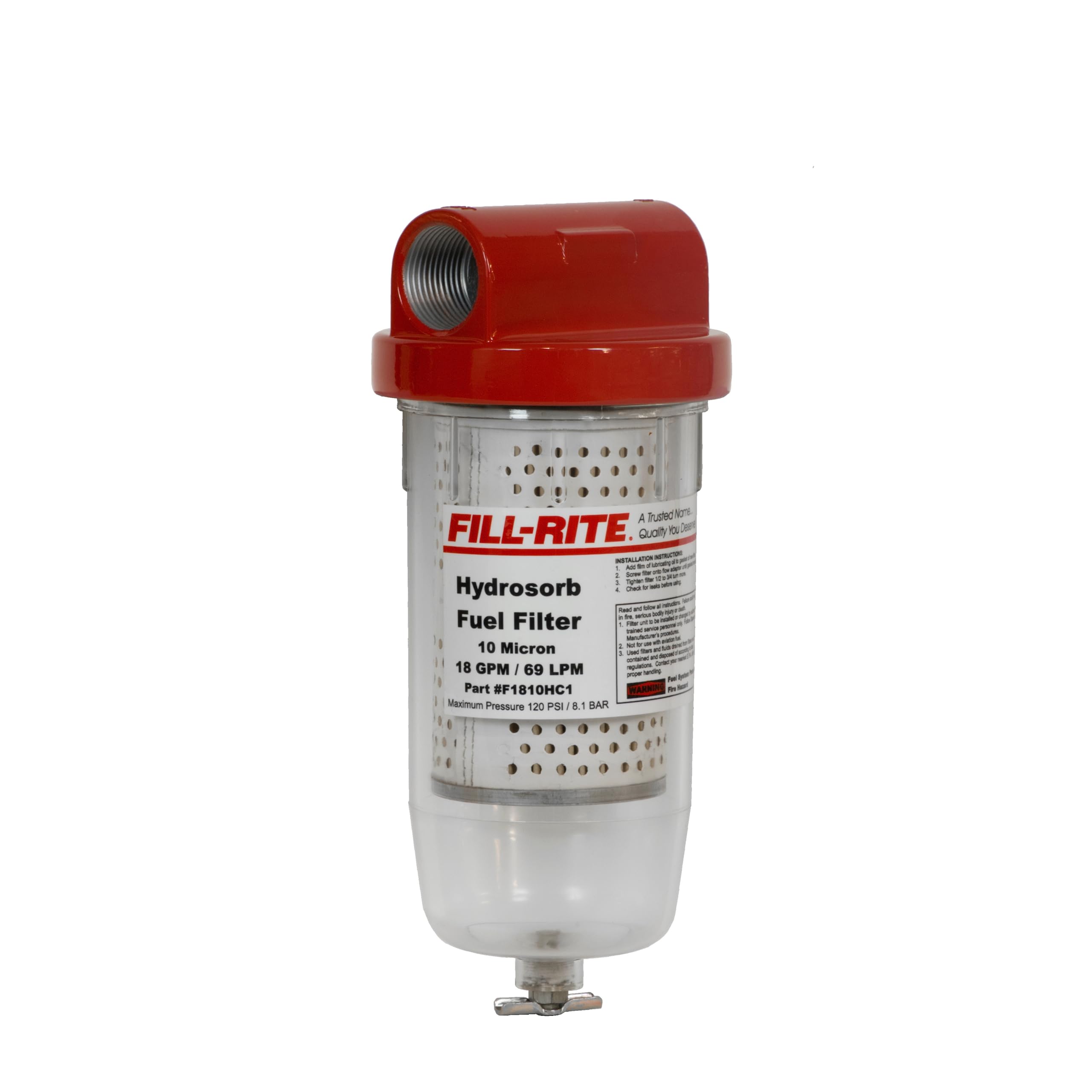 Fill-Rite FR1810HC1 10 Mircron Hydrosorb 25 GPM Clear Bowl Fuel Filter with 3/4 Filter Head
