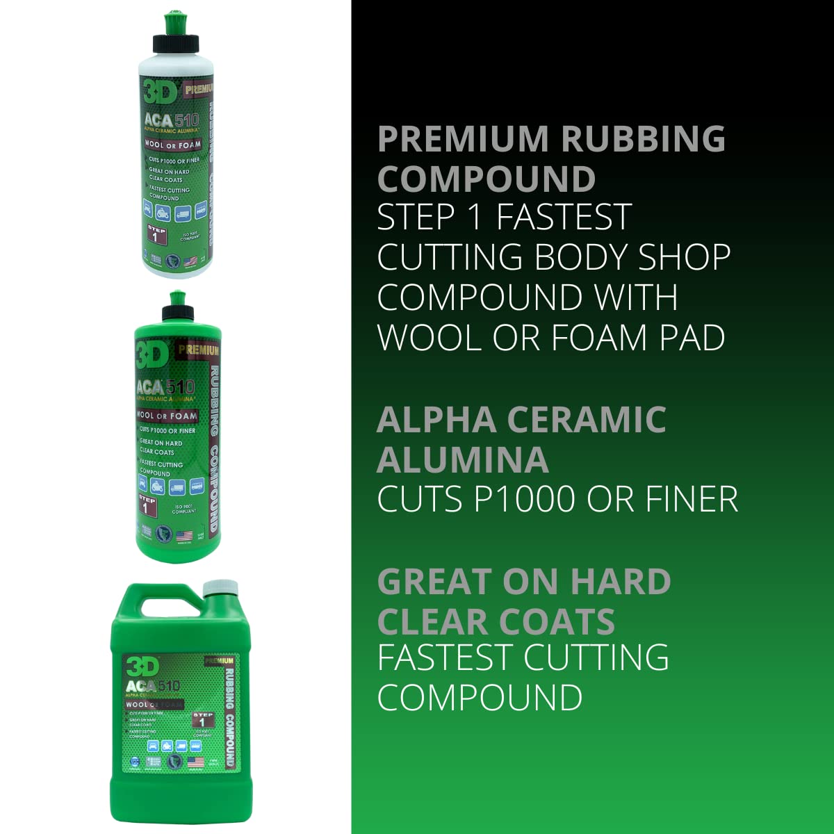 3D 510 Premium Rubbing Compound - Fast Cutting, 32oz, Wool Pad Compatible, Cuts P1000, Ideal for Hard Clear Coats