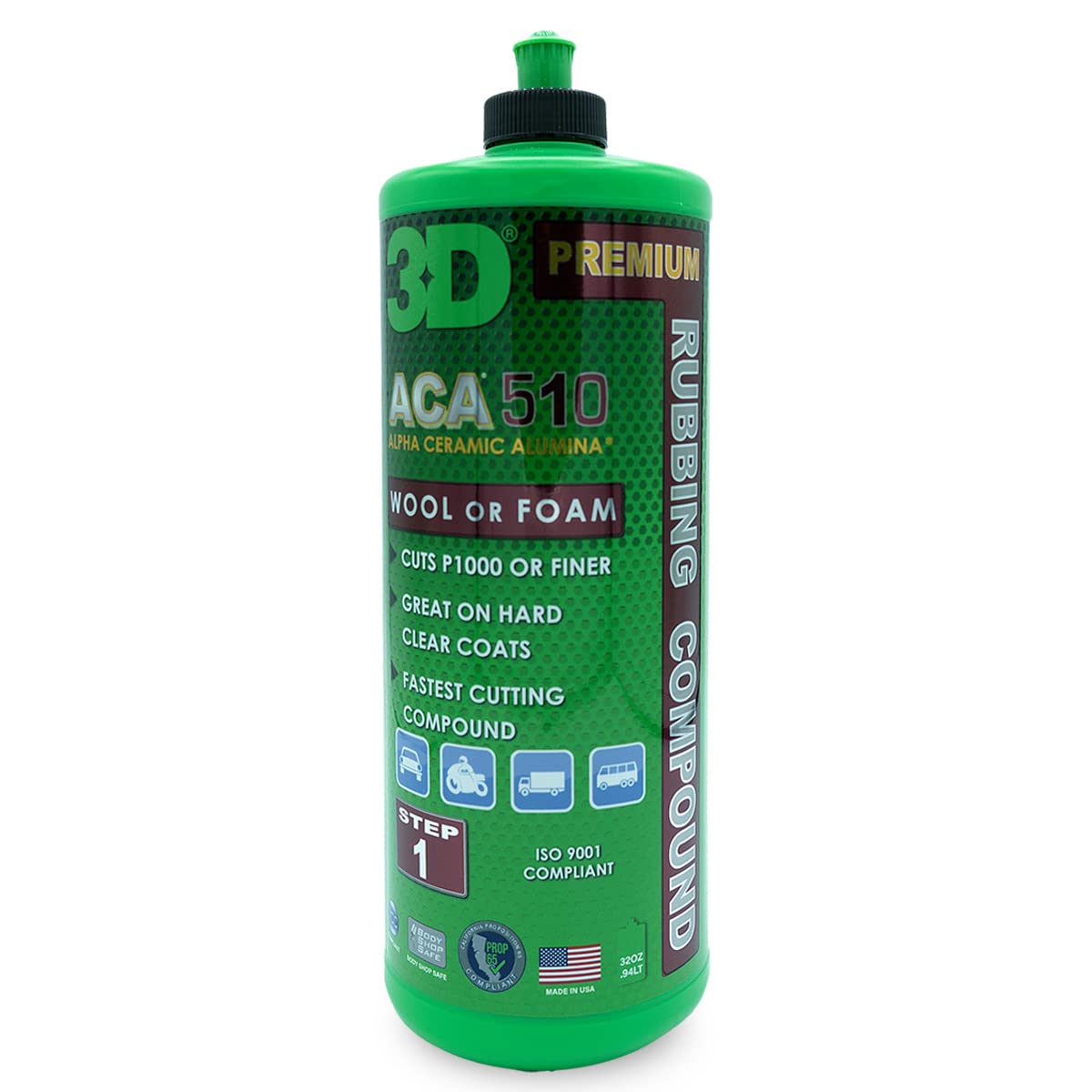 3D Aca 510 Premium Rubbing Compound - 32Oz - Step 1 Fastest Cutting Body Shop Compound With Wool Or Foam Pad - Cuts P1000 Or Finer - Great On Hard Clear Coats - Alpha Ceramic Alumina
