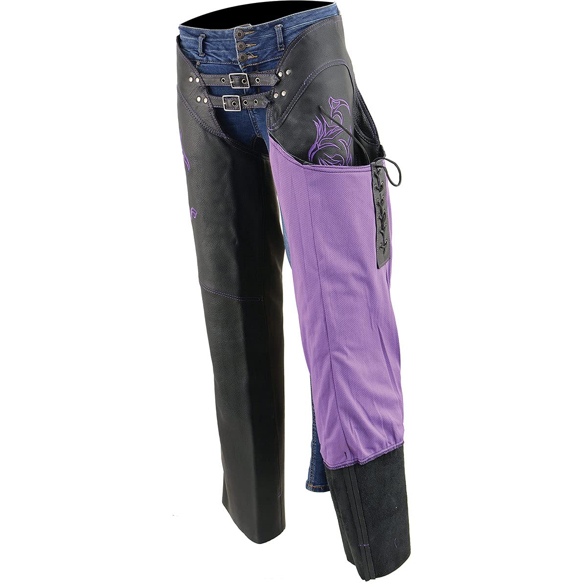 Milwaukee Leather Chaps for Women Black and Purple Low-Rise Waist- Double Buckle Reflective Embroidery Motorcycle Chap- ML1187 -