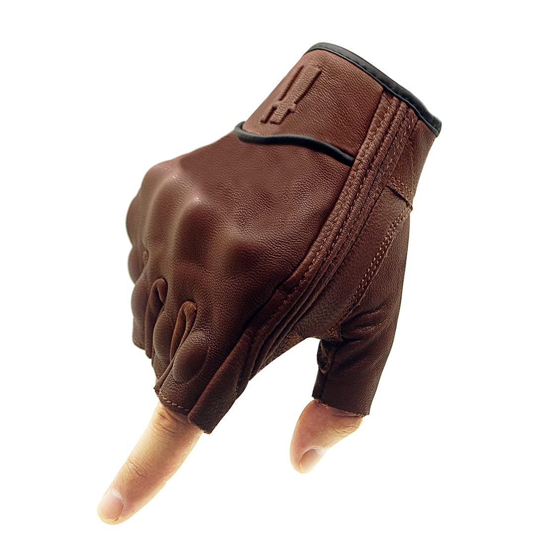 Harssidanzar Fingerless Motorcycle Gloves,For Mens Leather Riding Driving Gloves With Hand Knuckle Gm037,Saddle,Size, Xxl