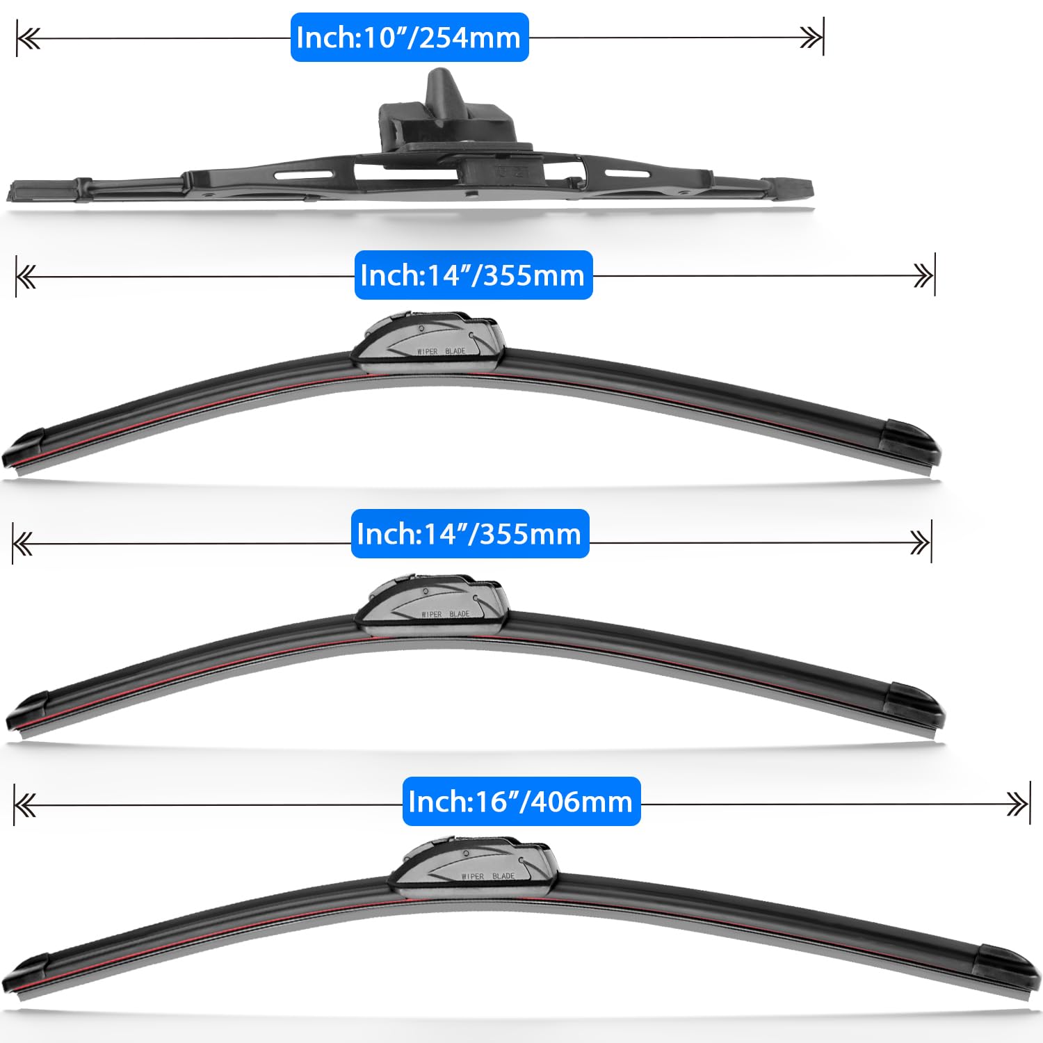 Raintok Windshield Wiper Blades Set - Front & Rear Replacement for 2007-2014 Toyota FJ Cruiser, Natural Rubber, 16" 14" 14" 10
