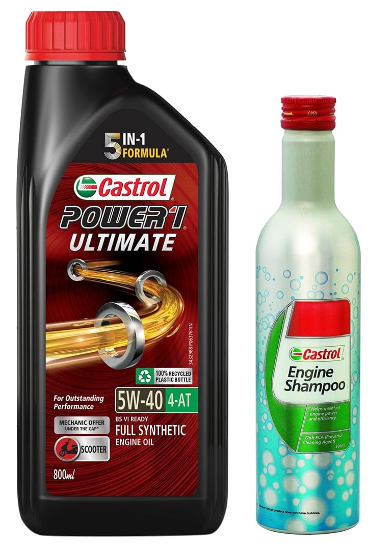 Castrol Power1 Ultimate 5W40 4T Full Synthetic Engine Oil For Scooters 800Ml & Engine Shampoo Pre Oil Change Treatment (Flushin