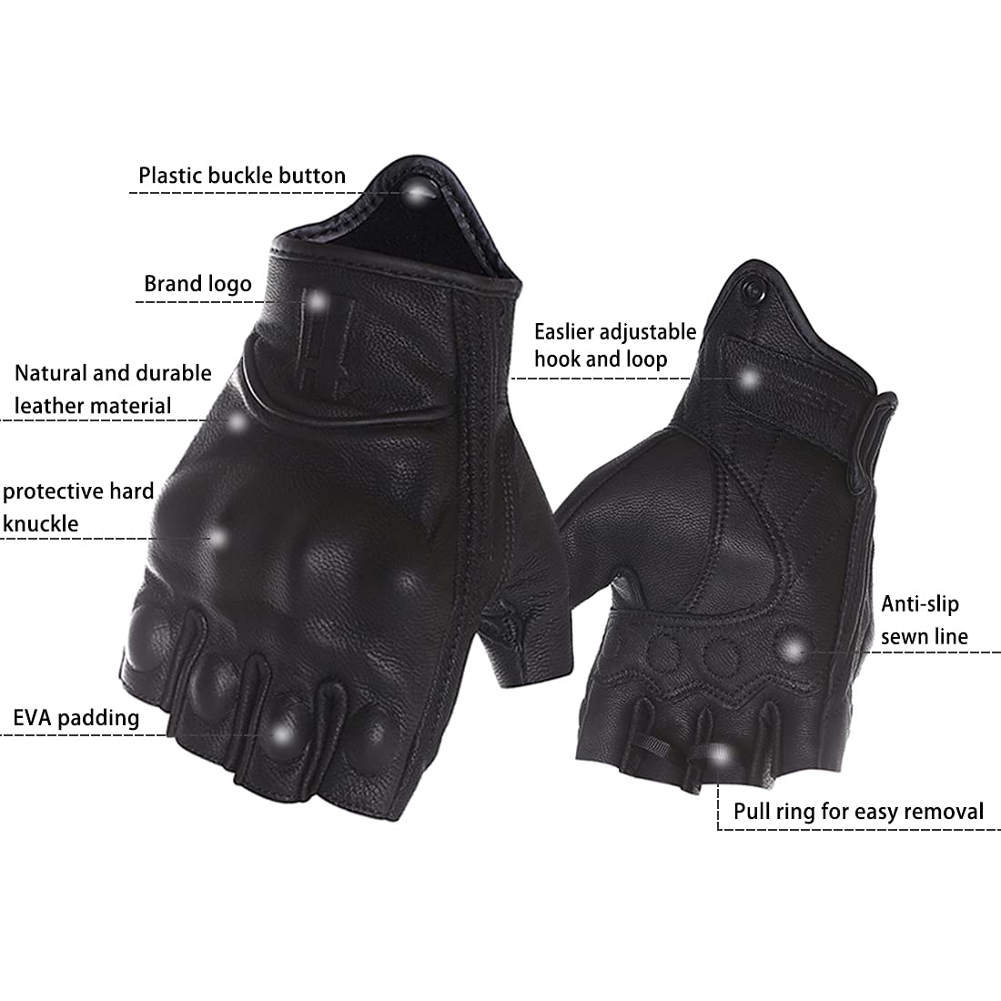 Harssidanzar Fingerless Motorcycle Gloves,For Mens Leather Riding Driving Gloves With Hand Knuckle Gm037,Black,Size,Xl