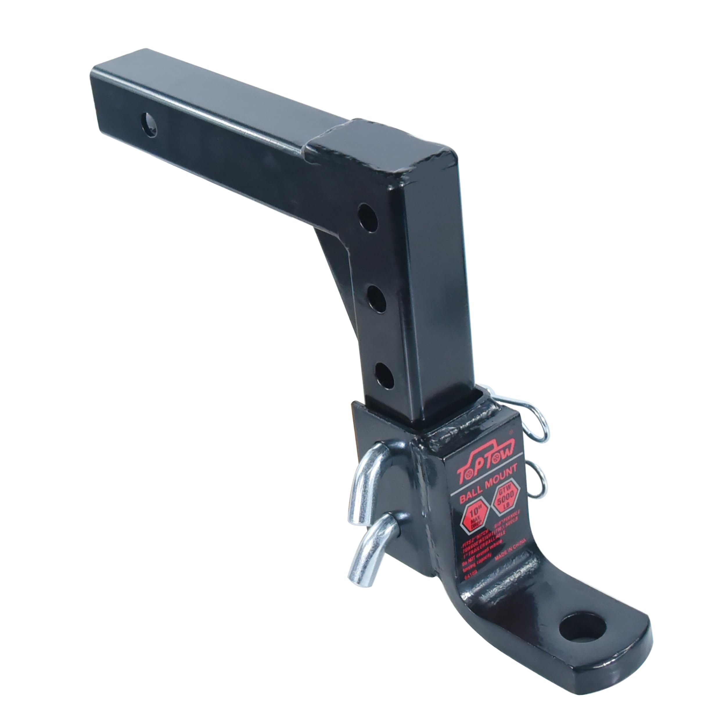 TOPTOW 64189 AdjustableTrailer Hitch Ball Mount with 5/8 inch Hitch Pin, 10 inch Drop Max, Fits 2 inch Hitch Receiver, Matte Bla