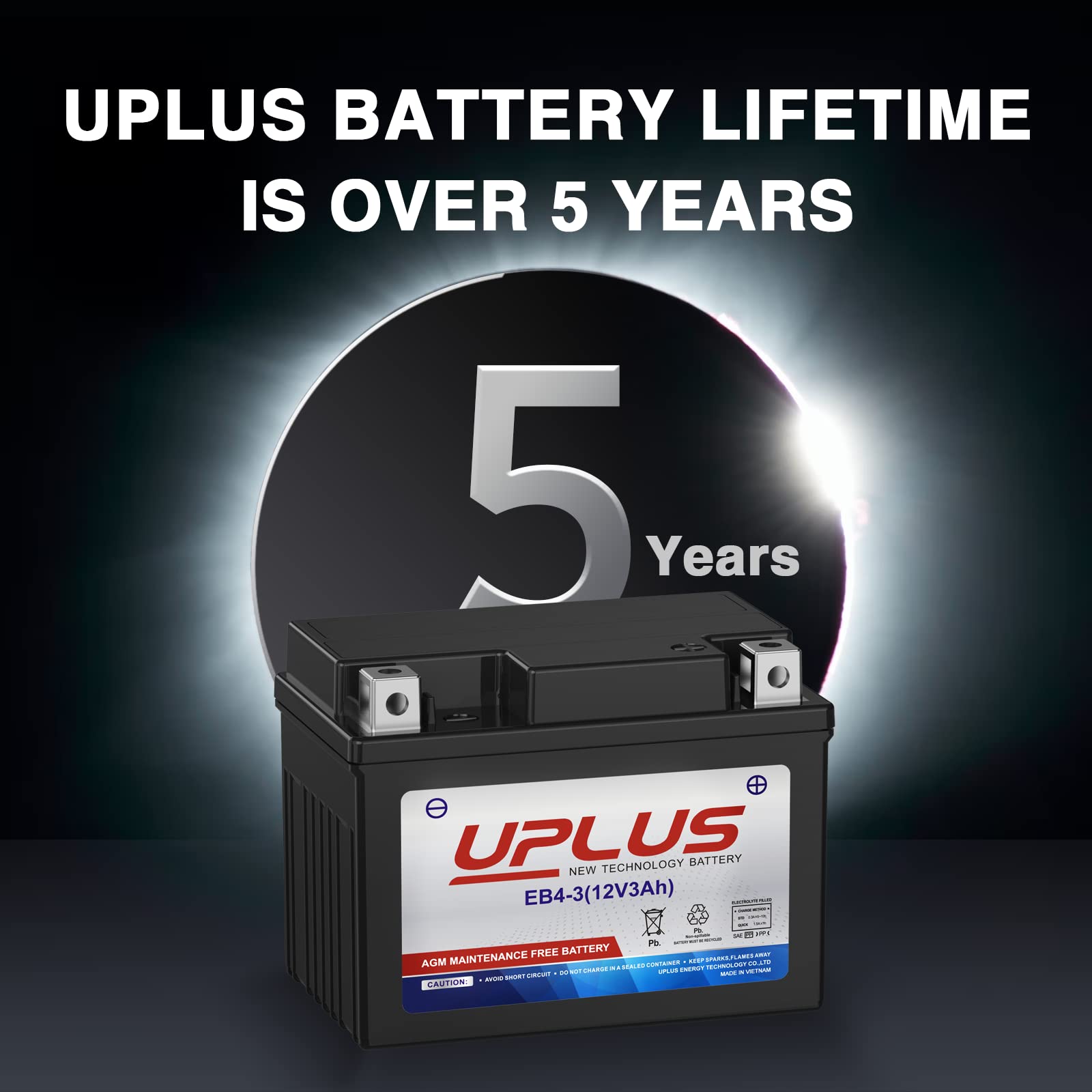 UPLUS YTX4L-BS Motorcycle Battery, 12V 3Ah SLA AGM, Replacement for YT4L-BS, EB4-3 Model, Maintenance Free for Scooter &