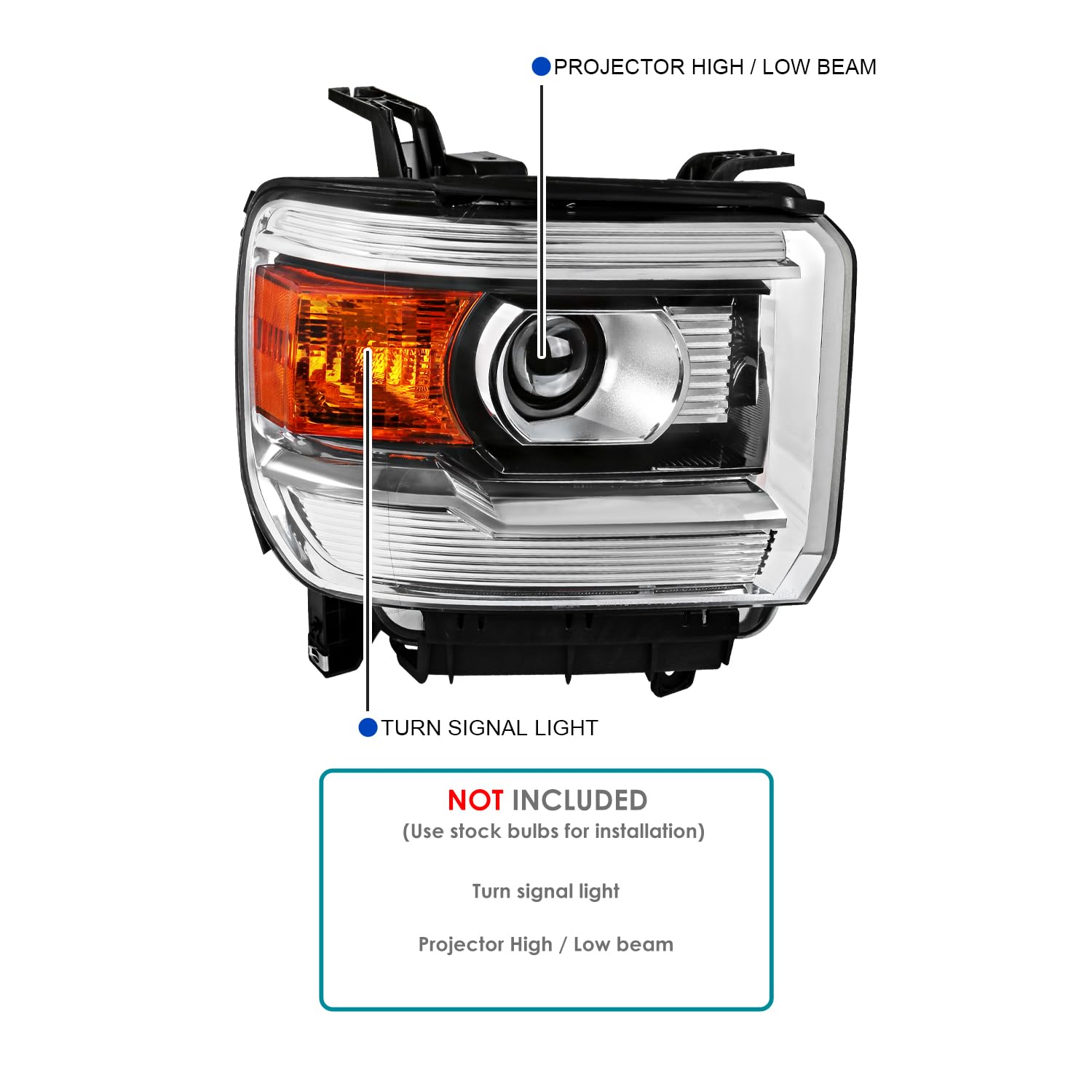 SPEC-D TUNING Projector Headlight Right Passenger Side for 2014-2015 GMC Sierra 1500/2500/3500HD - Chrome Housing, Clear Lens