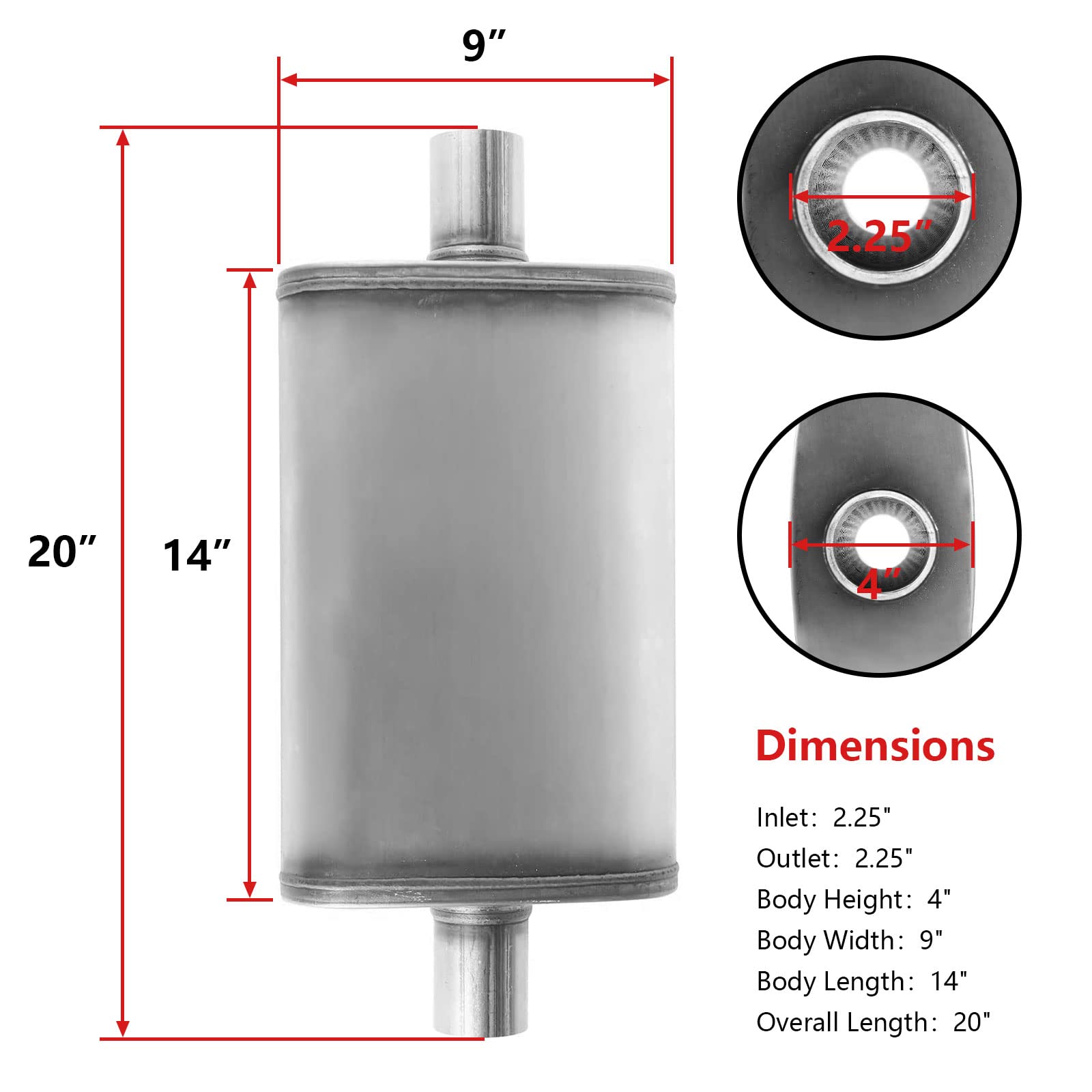 2.25 Inch Inlet/Outlet Exhaust Muffler, Straight-Through Chamber Performance Muffler Resonator With Universal Stainless Steel Fo