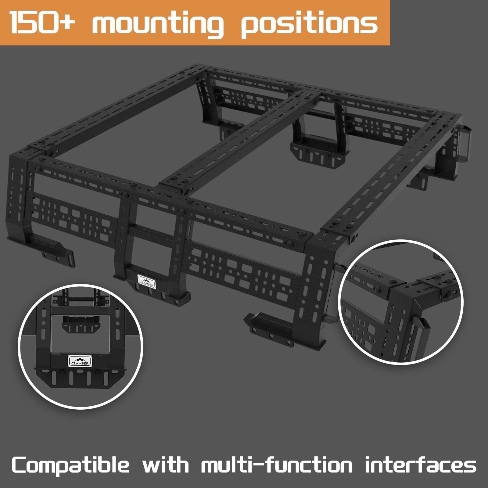 CLAMBER Overland Bed Rack for Mid-Size Pickup Trucks, Adjustable Width, Carbon Steel, Black, Model CLB-BRTB032