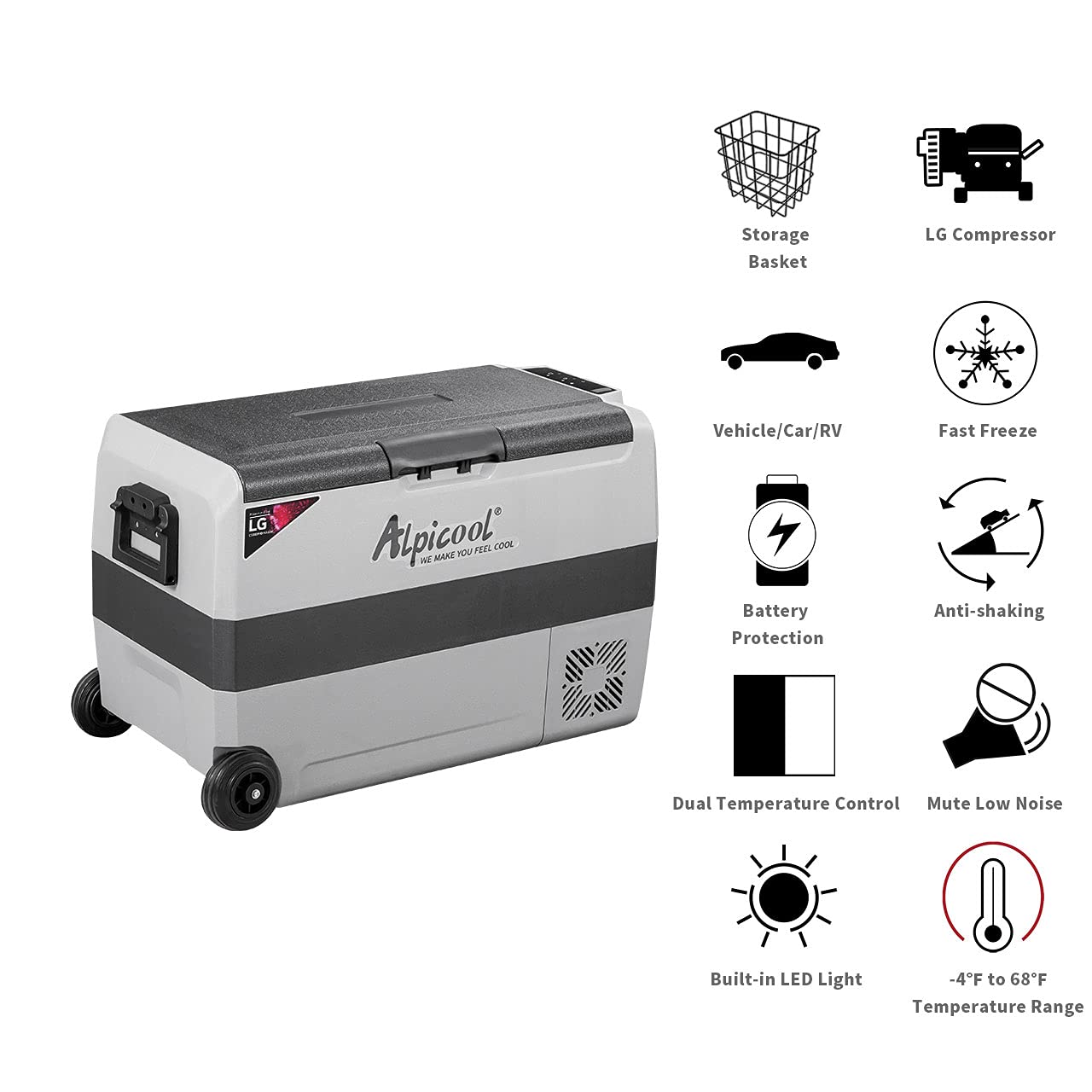 Alpicool Lgt50 Dual Temperature Control 12 Volt Refrigerator 53 Quart Portable Car Fridge Freezer (-4F~68F) For Truck, Rv, Boat,