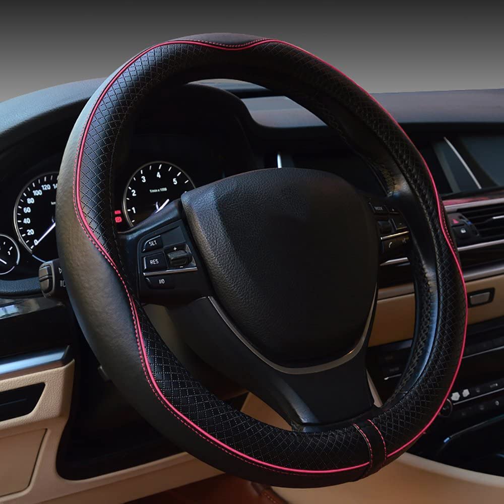 Car Steering Wheel Cover, Anti-Slip, Safety, Soft, Breathable, Heavy Duty, Thick, Full Surround, Sports Style (Black with Pink L