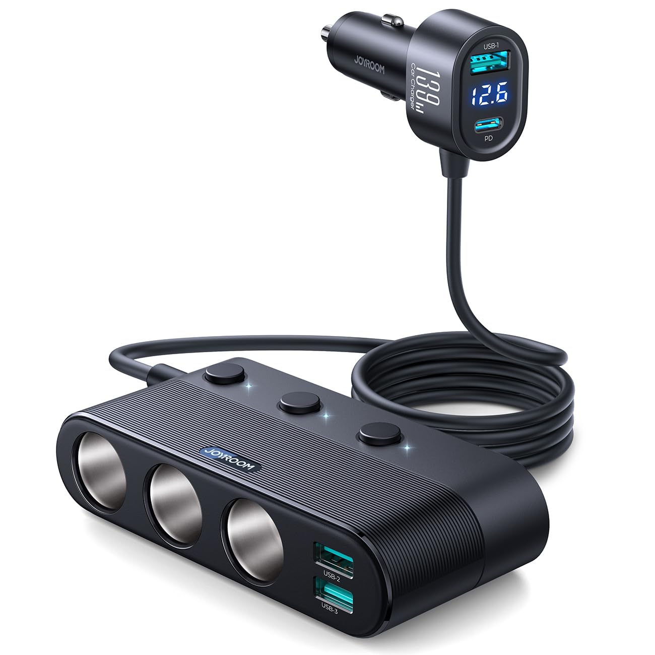 7 in 1 Cigarette Lighter Splitter, JOYROOM 139W Car Charger Adapter with PD30W Charge(3.3FT Cable), 24V/ 12V Car Splitter Adapte