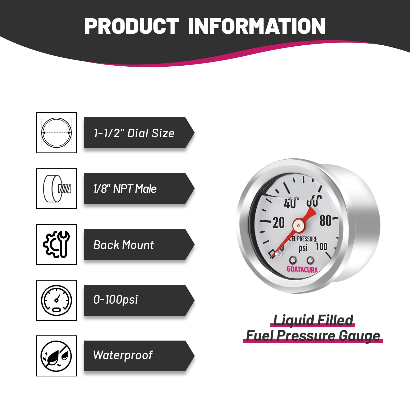 Goatacura 0-100Psi Glycerin Filled Fuel Pressure Gauge, 1-1/2'' Dial Size, 304 Stainless Steel Case, 1/8'' Npt Center Back Mount
