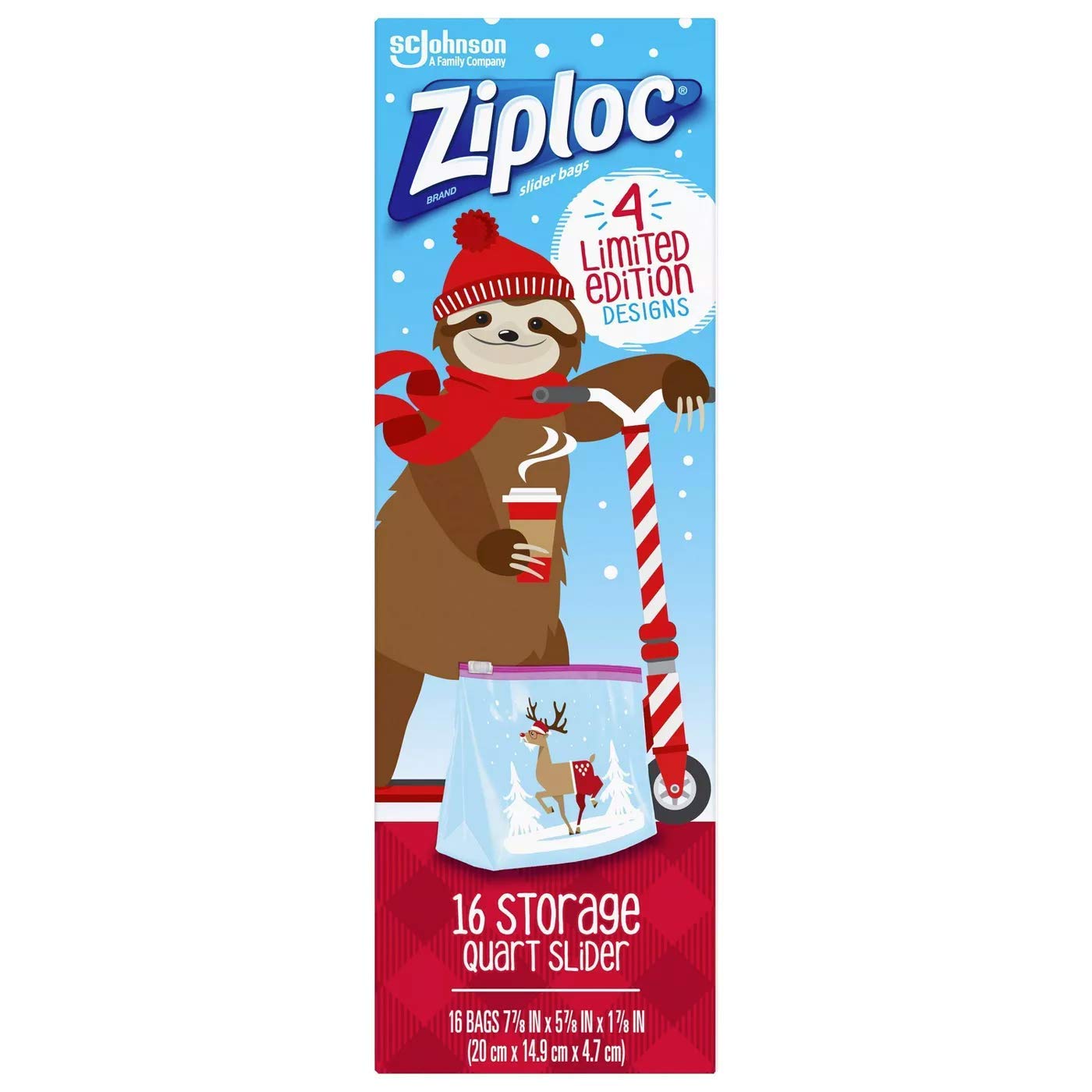 SC Johnson Ziploc Quart Food Storage Slider Bags, 16 Count, Power Shield Technology, Clear, 7.87x5.86x1.85 Inch, Holiday Designs