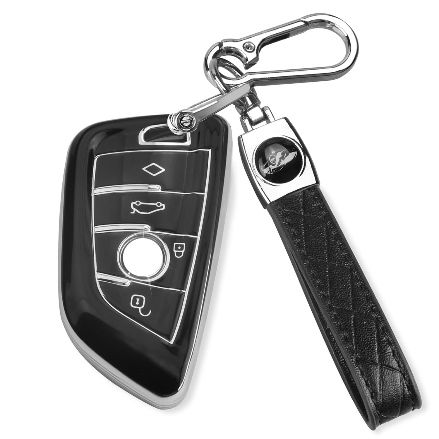 Qbuc For Bmw Key Fob Cover With Leather Keychain,For Bmw 2 5 6 7 Series X1 X2 X3 X5 X6 X7 Premium Soft Tpu Key Fob Holder (1-Bla