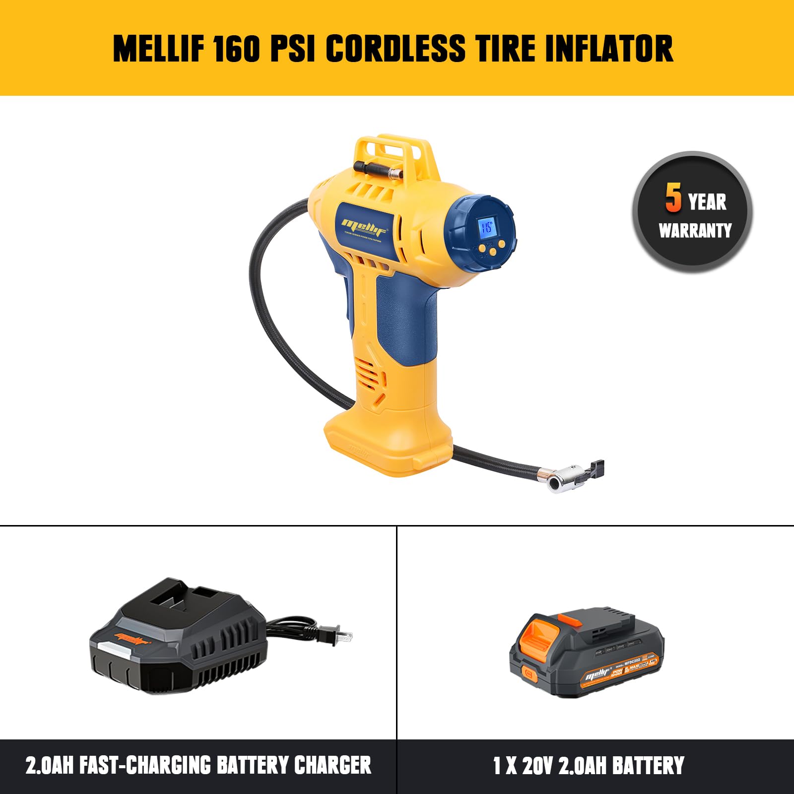 Cordless Tire Inflator Air Compressor Compatible With Dewalt 20V Max Battery, 160Psi Portable Handheld Air Pump W/ (1) 20V 2.0Ah Battery, Digital Pressure Gauge For Cars Motorcycles Bikes Sport Balls