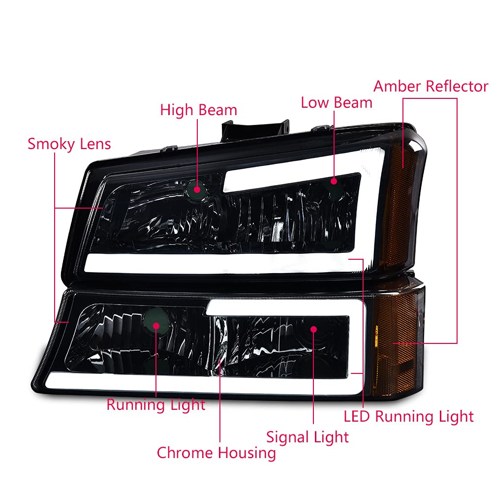 Pit66 Led Headlight, Compatible With 03-06 Chevy Silverado 1500 2500 3500 Hd Model/03-06 Avalanche 1500 2500(Fit No Cladding Only) Smoky Lens Chrome Housing Amber Corner
