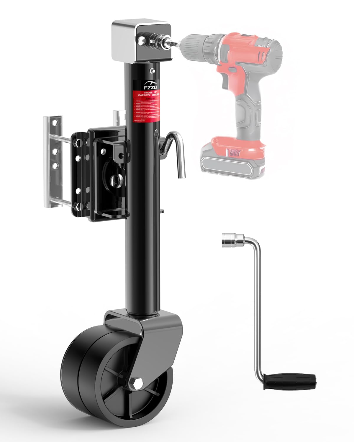 FZZD 2000lbs Trailer Jack with Dual Wheel, 20-24V Cordless Drill Compatible, 12 Lift, for RV Boat,Black