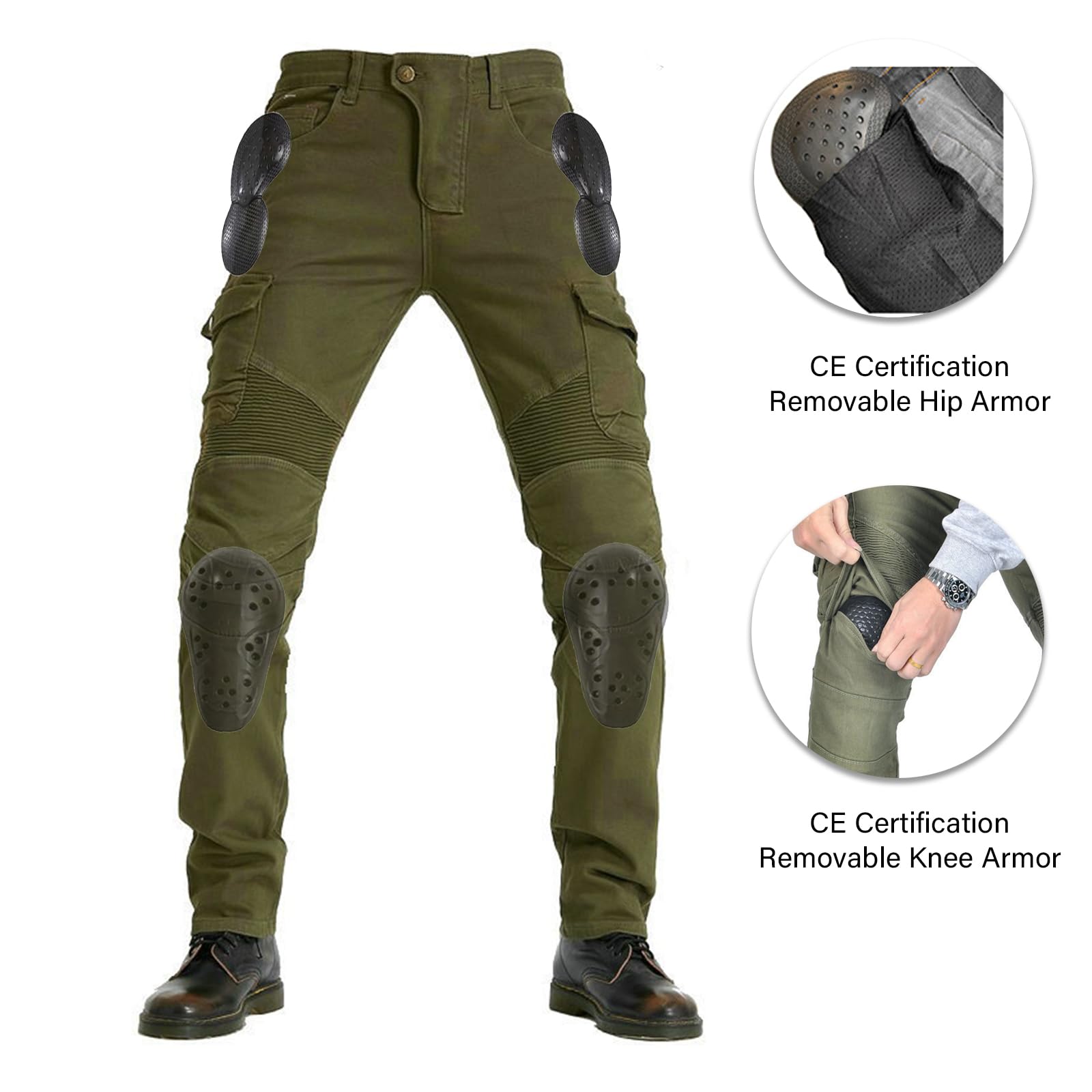 LOMENG Motorcycle Pants Motorbike Riding Denim Jeans Biker Motocross Pants with CE Removable Armored for Men Green XL