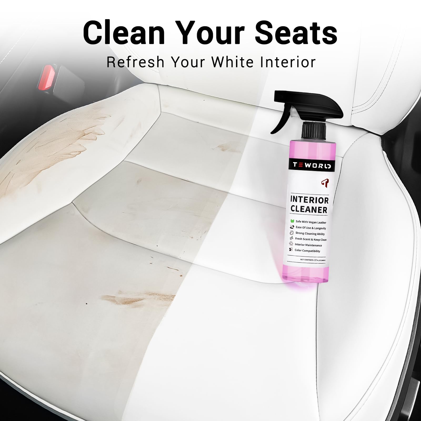 teworld Tesla Seat Cleaner - Biodegradable Stain Remover, 17 Fl Oz, Pink w/ Towel, Safe for Vegan Leather - Model TE-CL-01